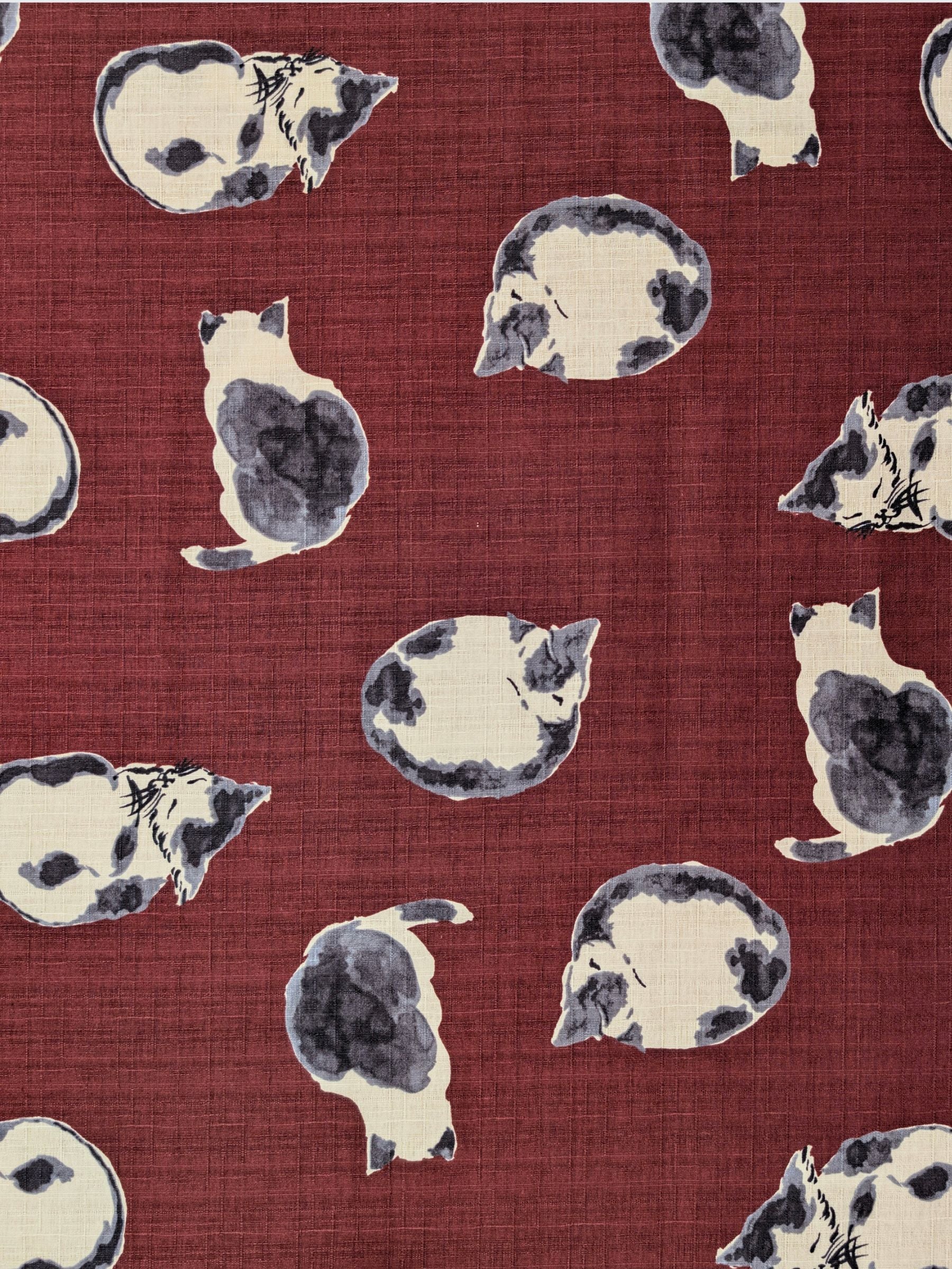 Hokkoh - Napping Cats Cotton Dobby Fabric - Maroon