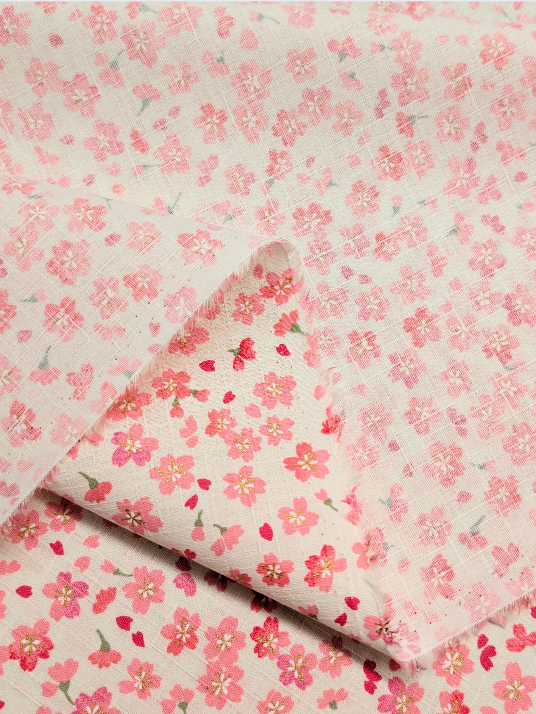 Hokkoh - Golden Watercolor Cherry Blossoms Cotton Dobby Fabric - White