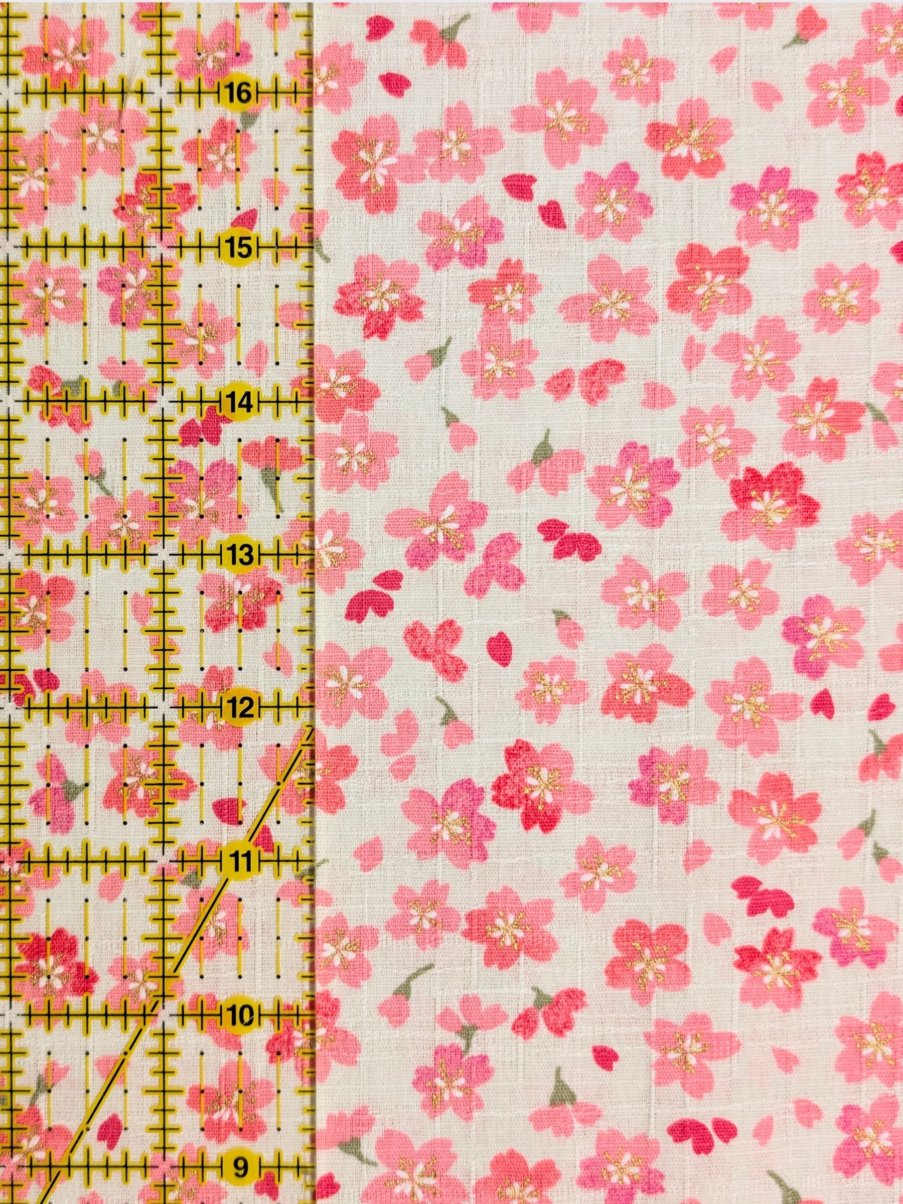 Hokkoh - Golden Watercolor Cherry Blossoms Cotton Dobby Fabric - White
