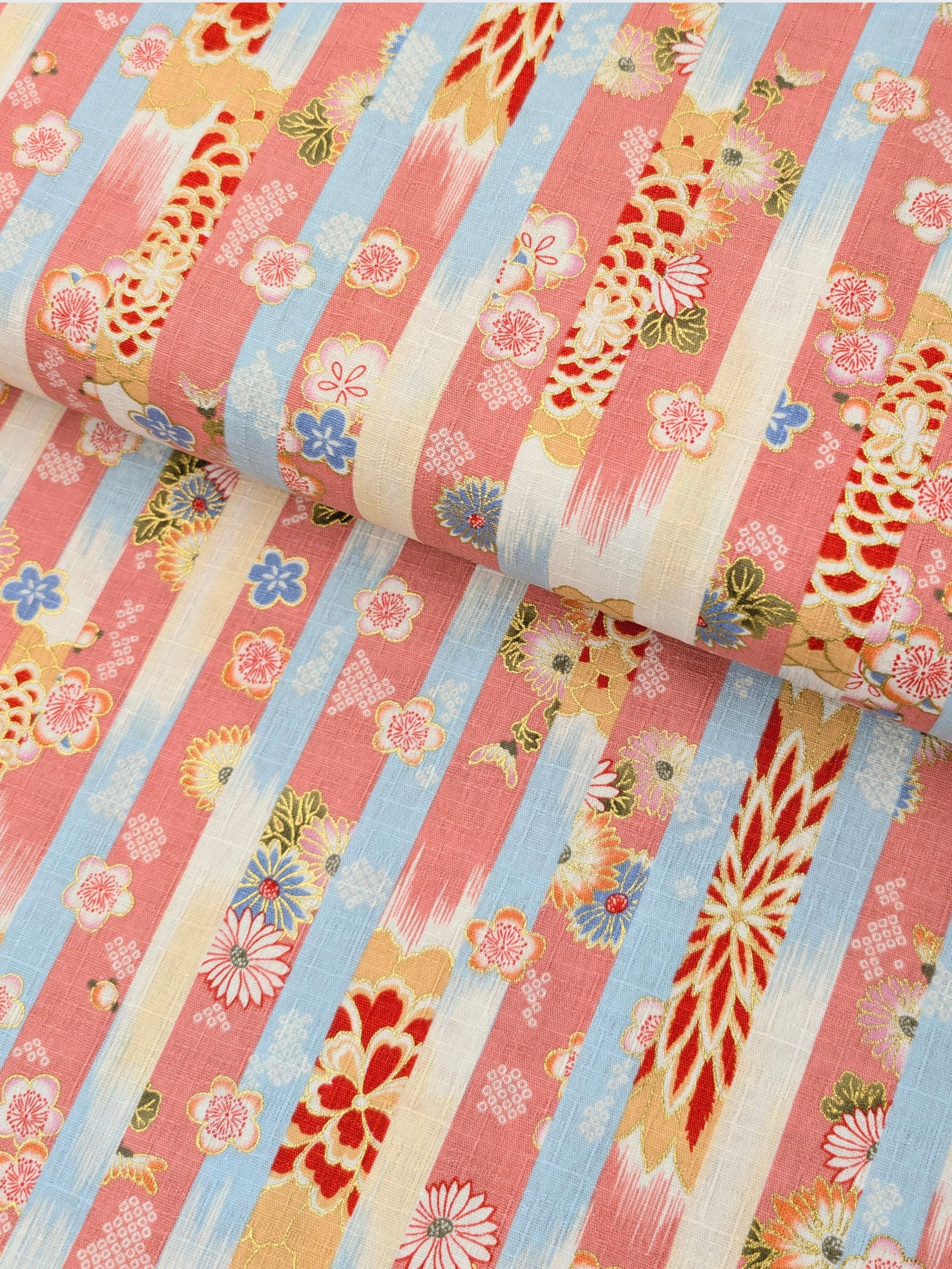 Hokkoh - Golden Wagara Stripe Cotton Dobby Fabric - Pink & Blue