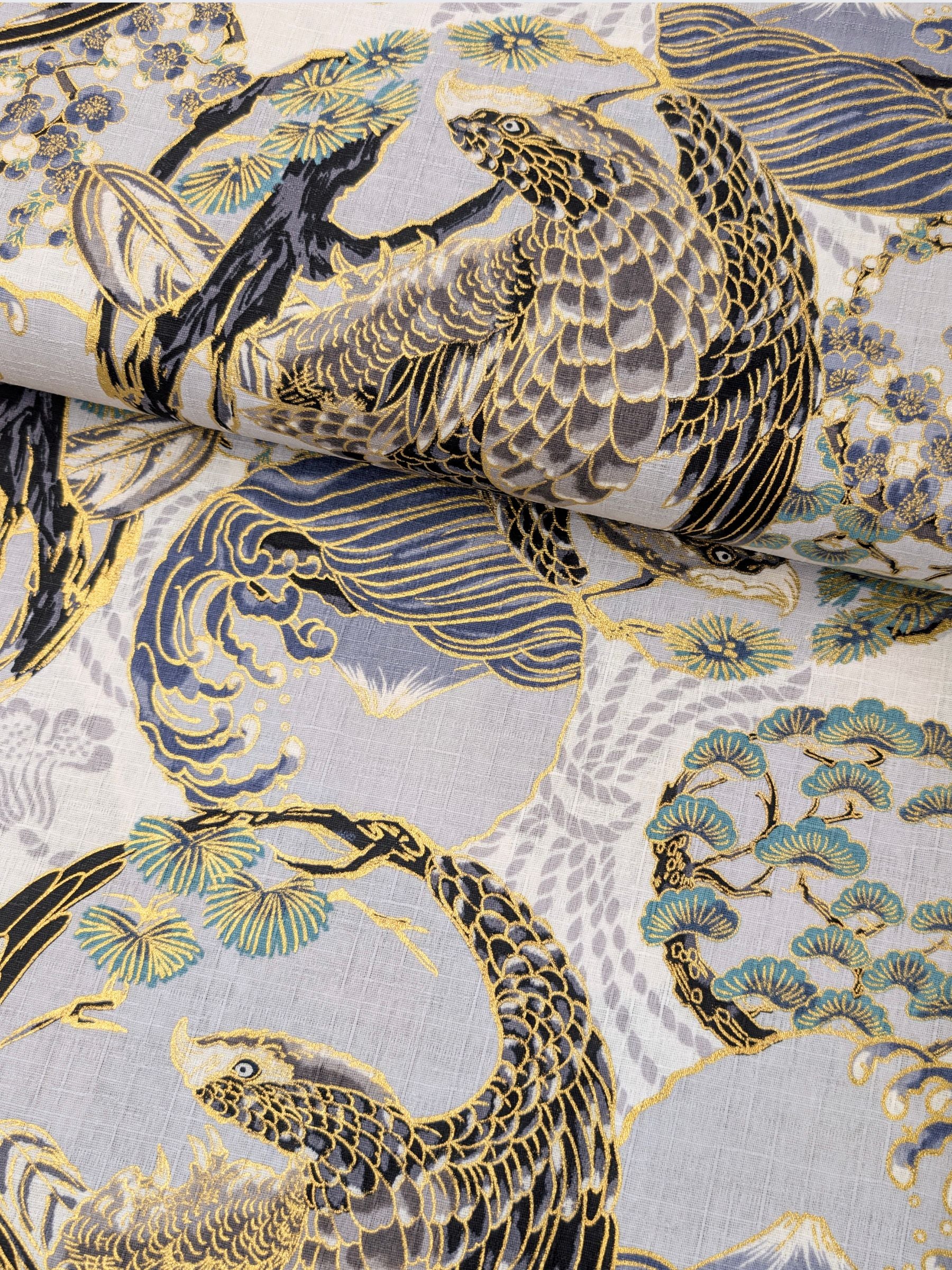 Hokkoh - Golden Circling Hawks Cotton Dobby Fabric - White & Gray