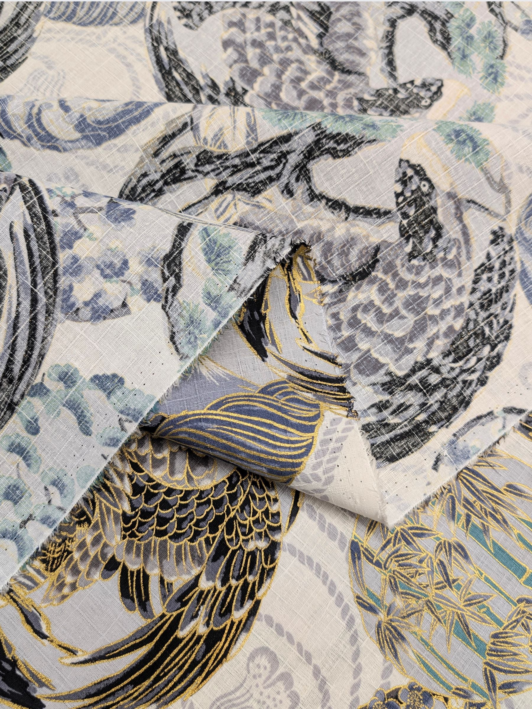 Hokkoh - Golden Circling Hawks Cotton Dobby Fabric - White & Gray