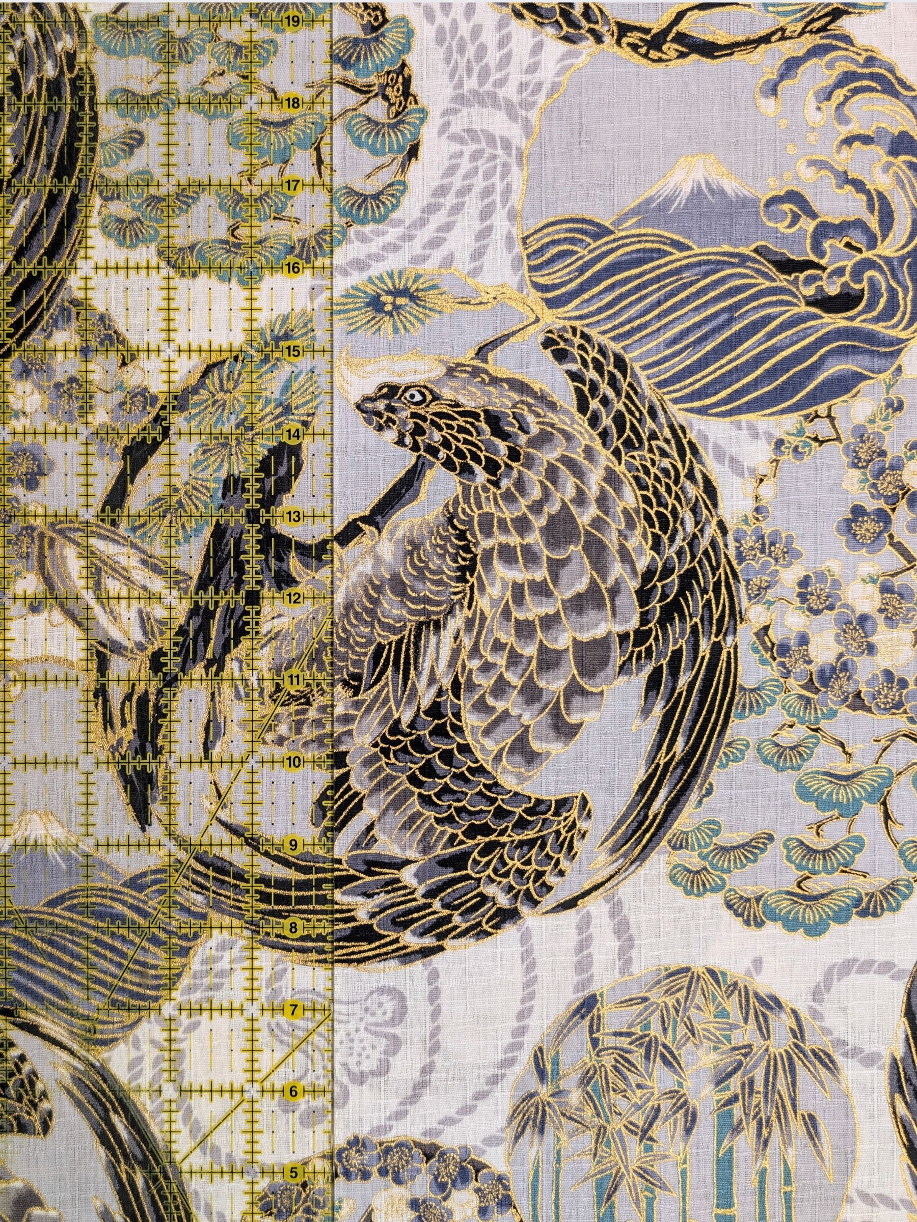 Hokkoh - Golden Circling Hawks Cotton Dobby Fabric - White & Gray