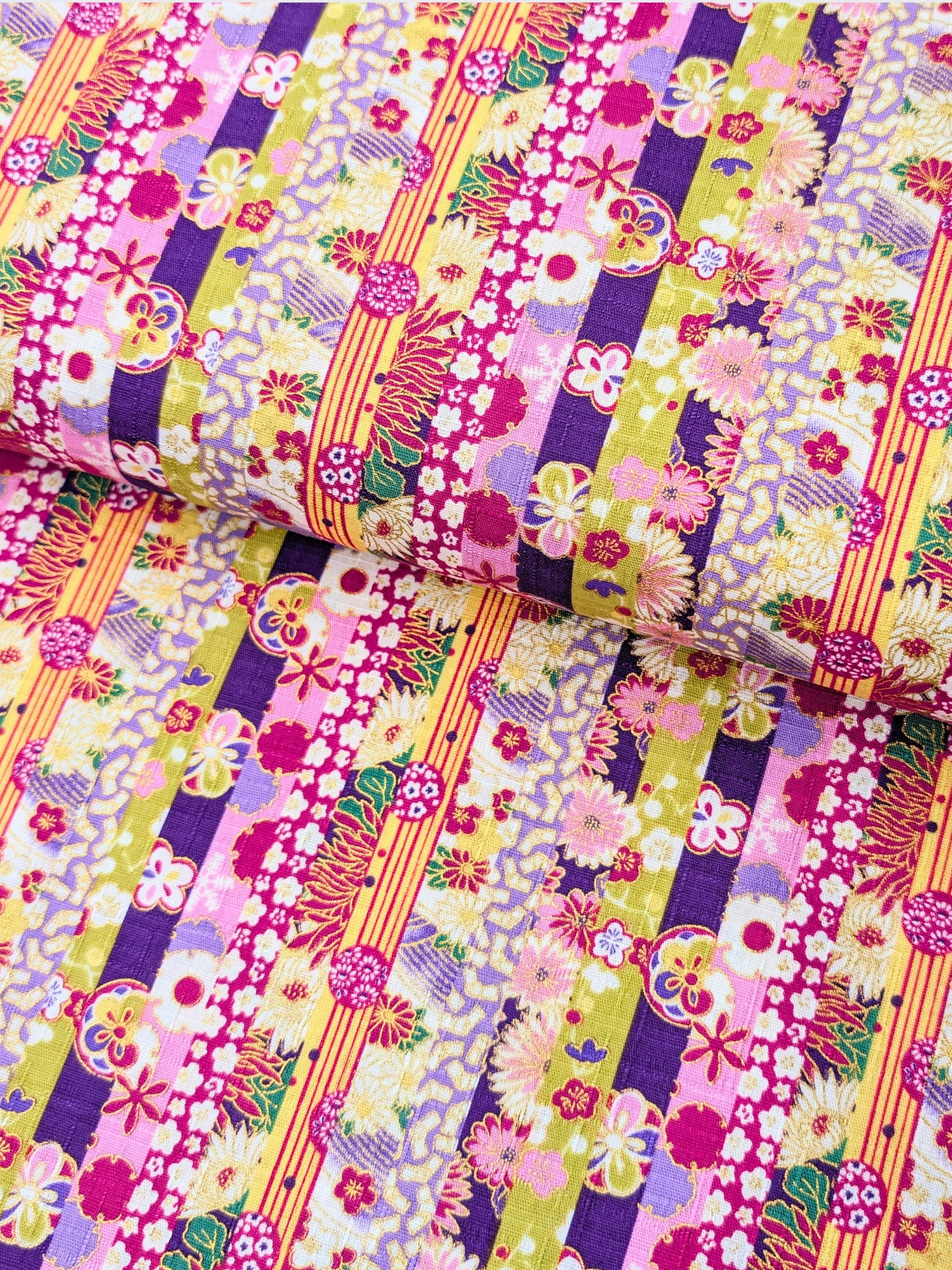 Hokkoh - Golden Floral Stripe Cotton Dobby Fabric - Purple & Yellow