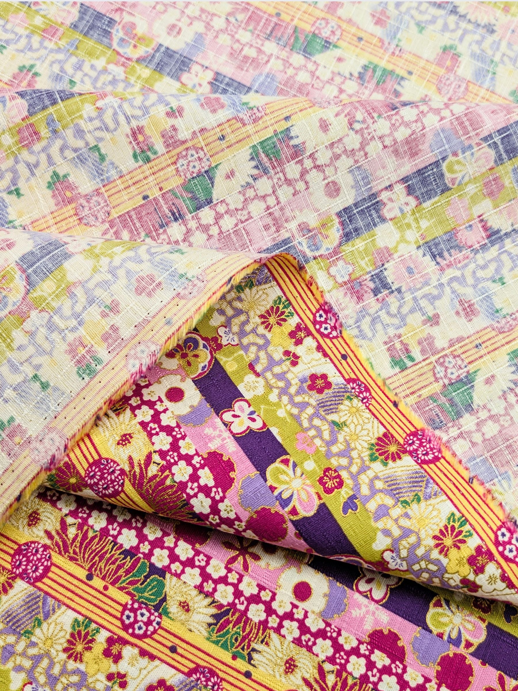 Hokkoh - Golden Floral Stripe Cotton Dobby Fabric - Purple & Yellow