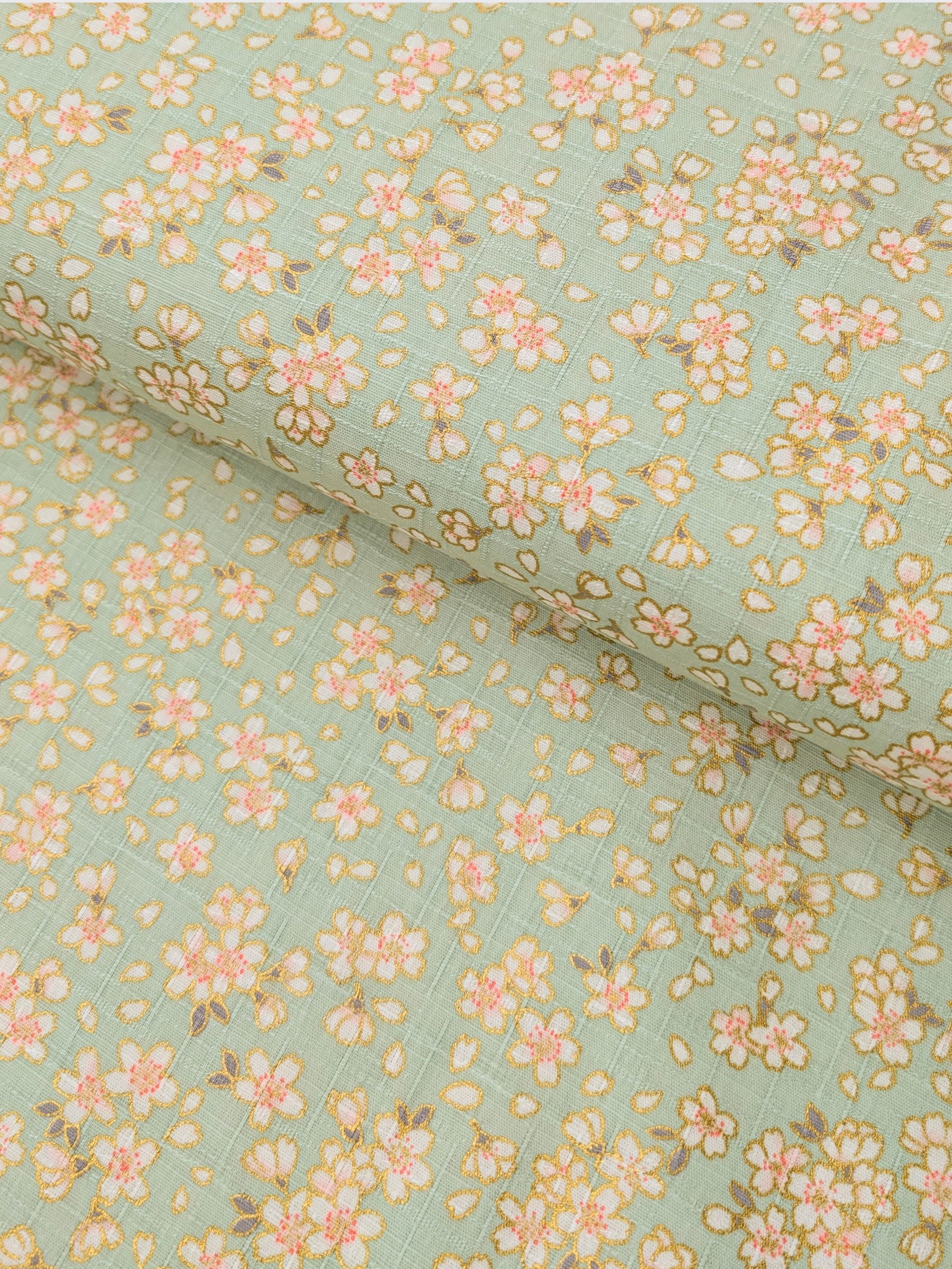 Hokkoh - Tiny Golden Cherry Blossoms Cotton Dobby Fabric - Mint Green