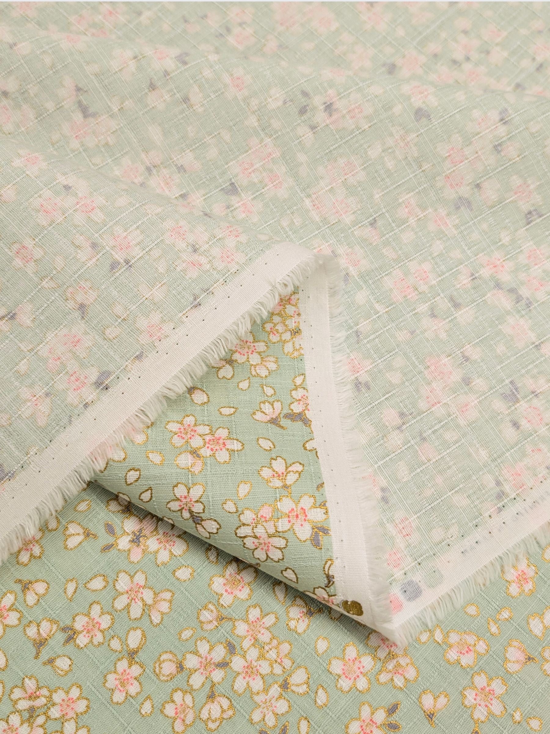 Hokkoh - Tiny Golden Cherry Blossoms Cotton Dobby Fabric - Mint Green