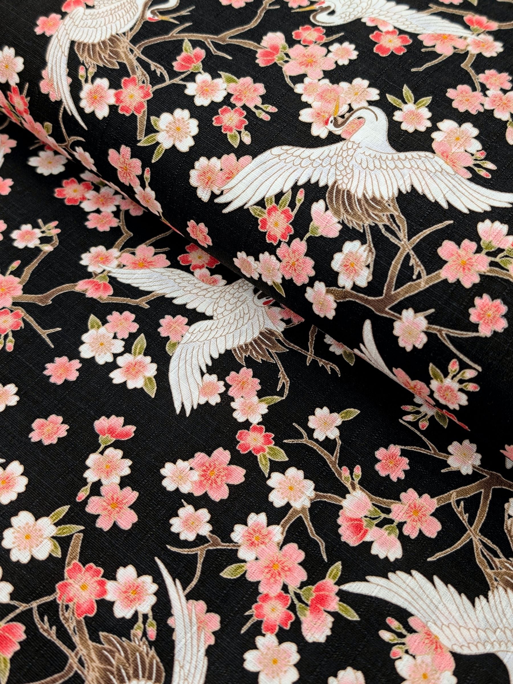 Hishiei - Cranes and Cherry Blossoms Cotton Dobby Fabric - Black