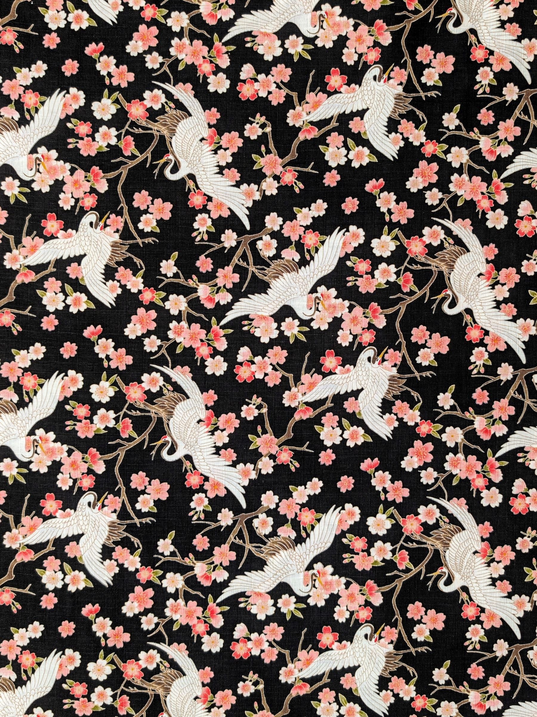 Hishiei - Cranes and Cherry Blossoms Cotton Dobby Fabric - Black