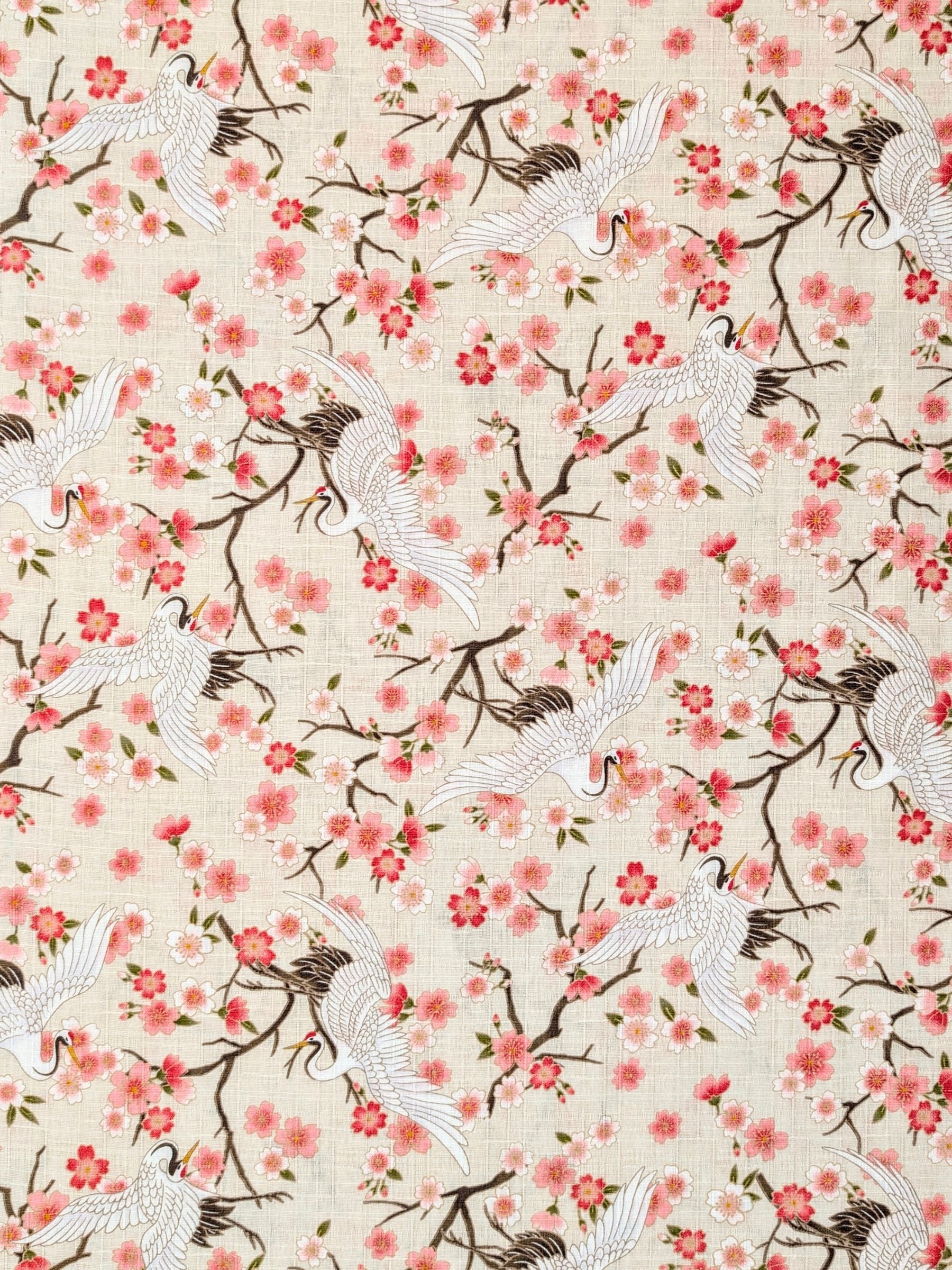 Hishiei - Cranes and Cherry Blossoms Cotton Dobby Fabric - Beige