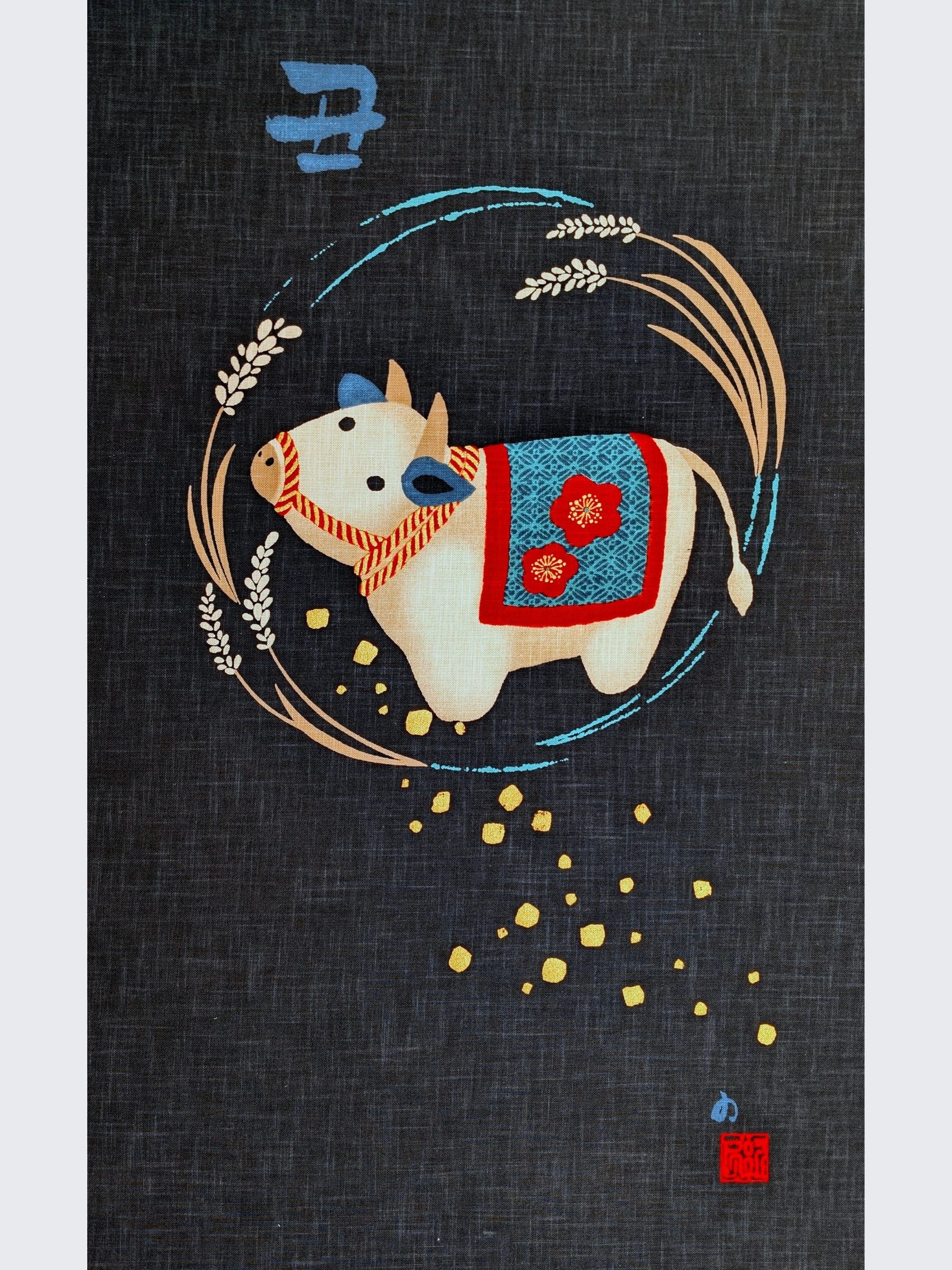 Kurenai - Year Of The Ox Noren Panel - Blue