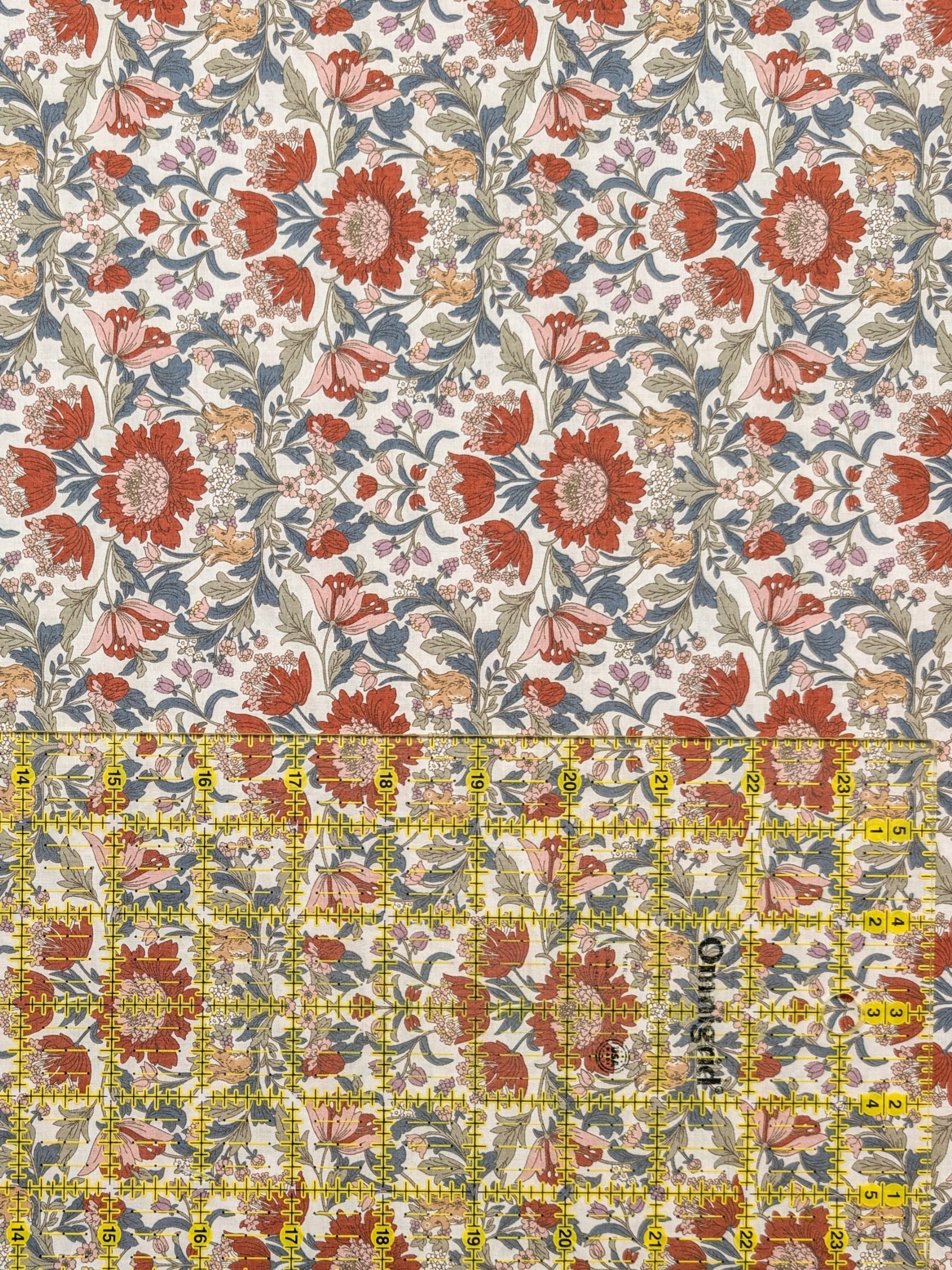 Hokkoh - Squirrels and Mirrored Flowers Cotton Lawn Fabric - White & Red