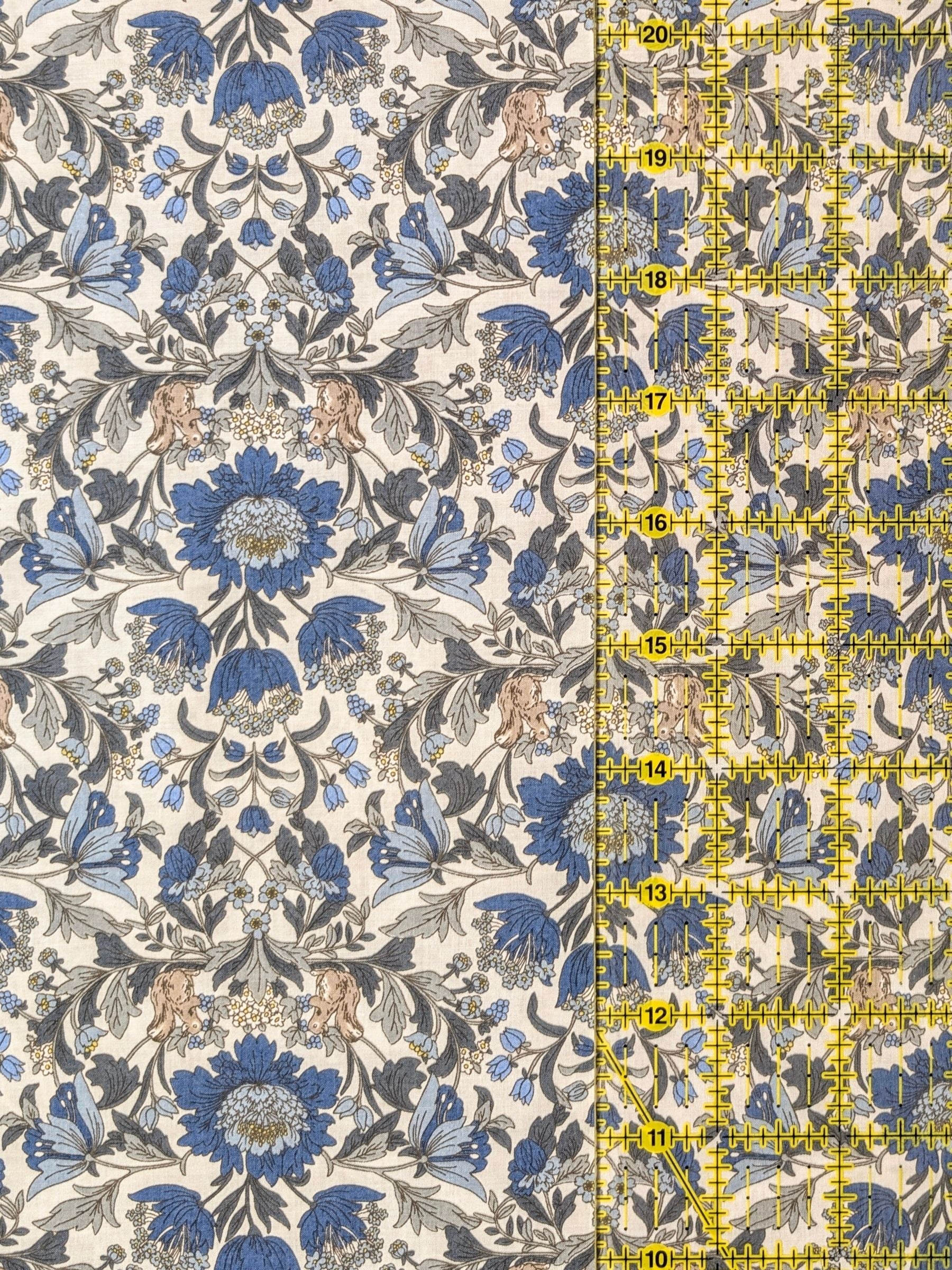 Hokkoh - Squirrels and Mirrored Flowers Cotton Lawn Fabric - White & Blue