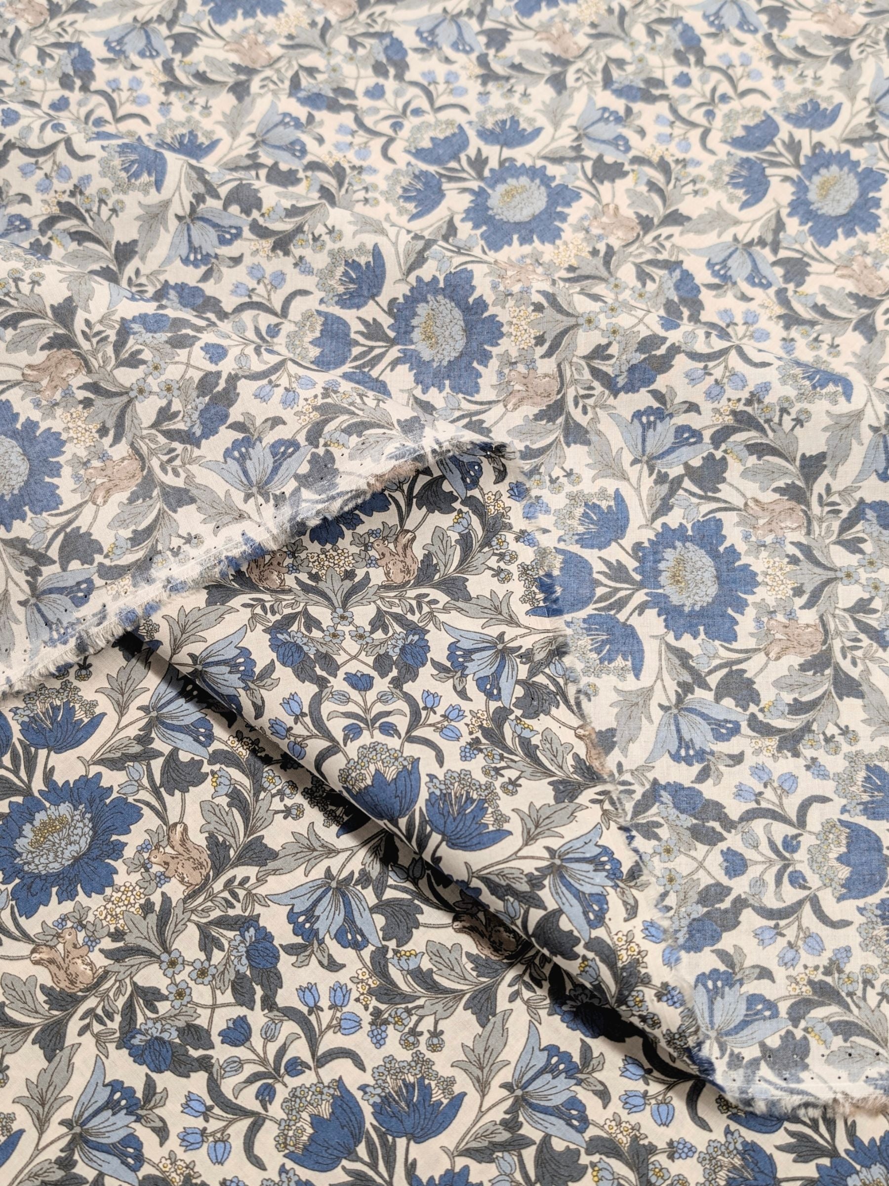 Hokkoh - Squirrels and Mirrored Flowers Cotton Lawn Fabric - White & Blue