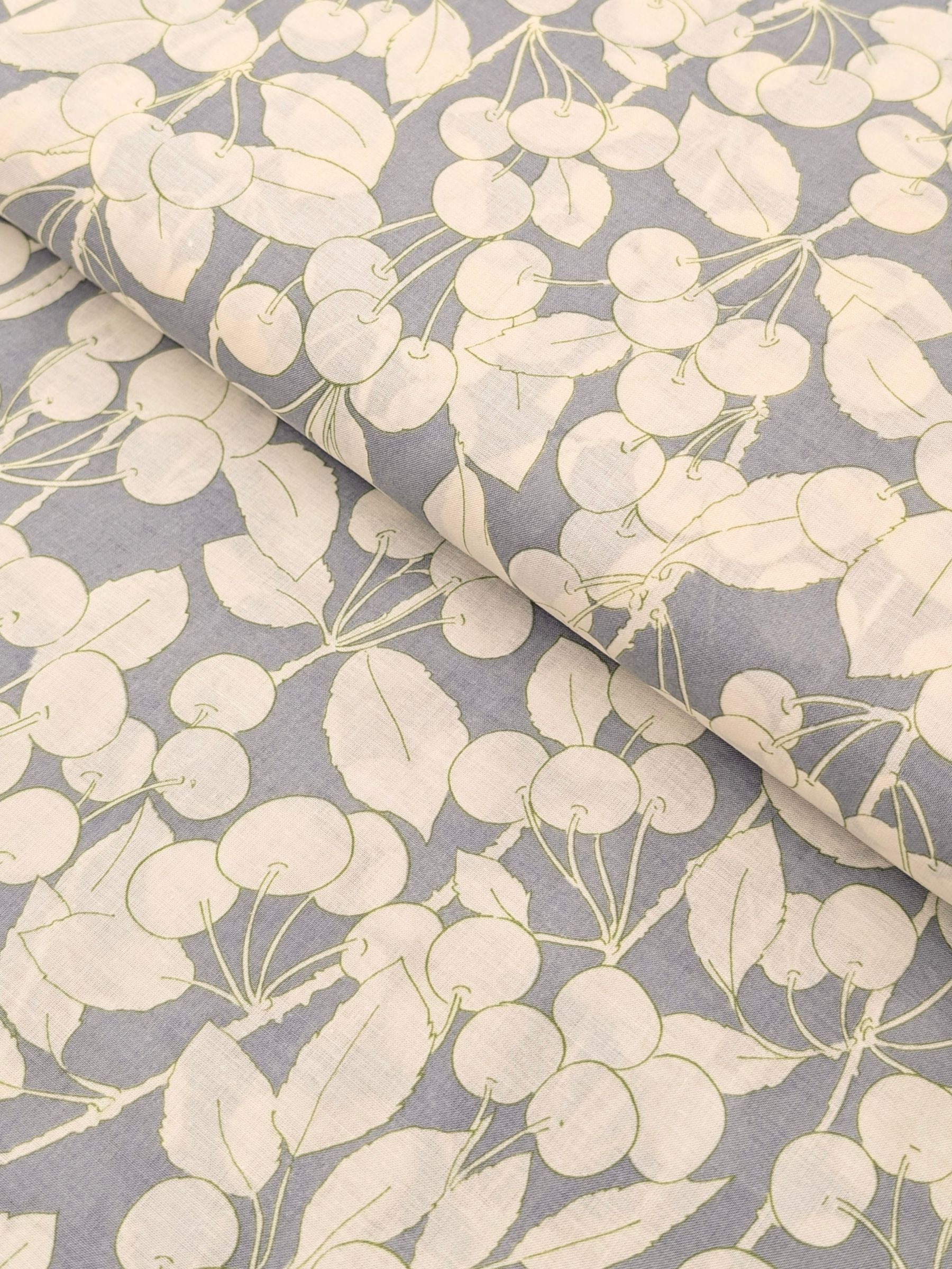 Hokkoh - Two-Tone Cherries Cotton Lawn Fabric - White & Gray