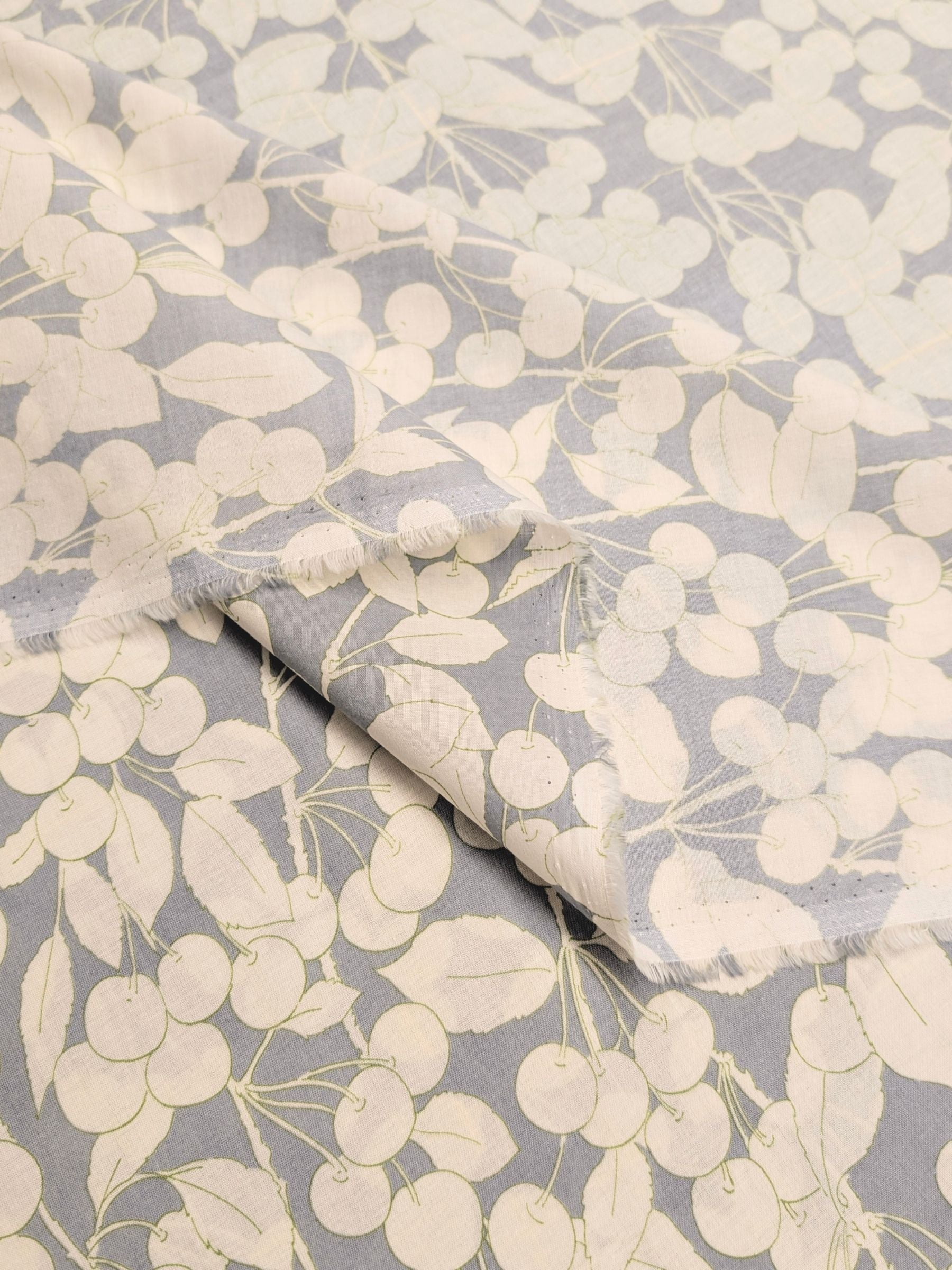 Hokkoh - Two-Tone Cherries Cotton Lawn Fabric - White & Gray