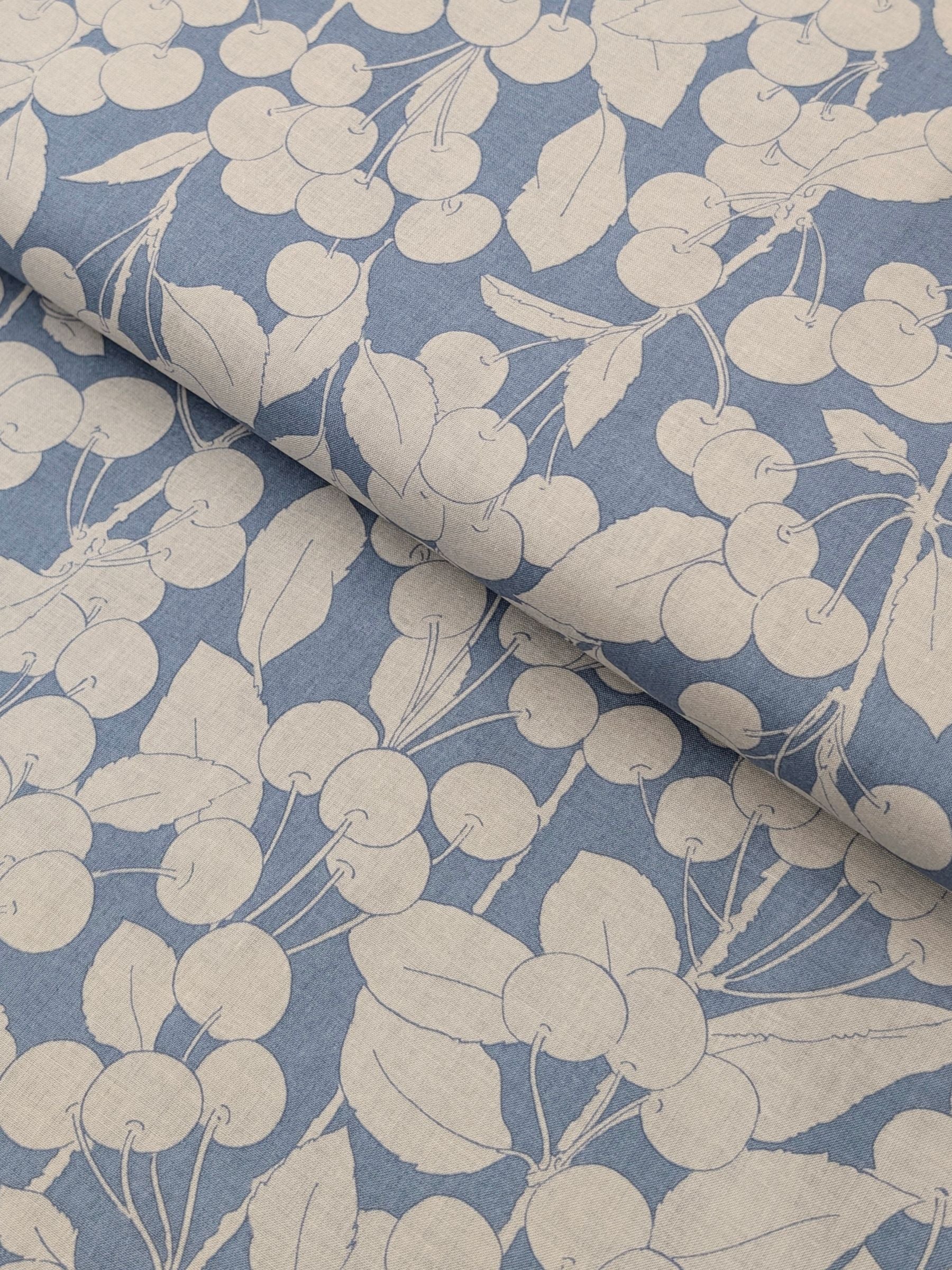 Hokkoh - Two-Tone Cherries Cotton Lawn Fabric - White & Blue