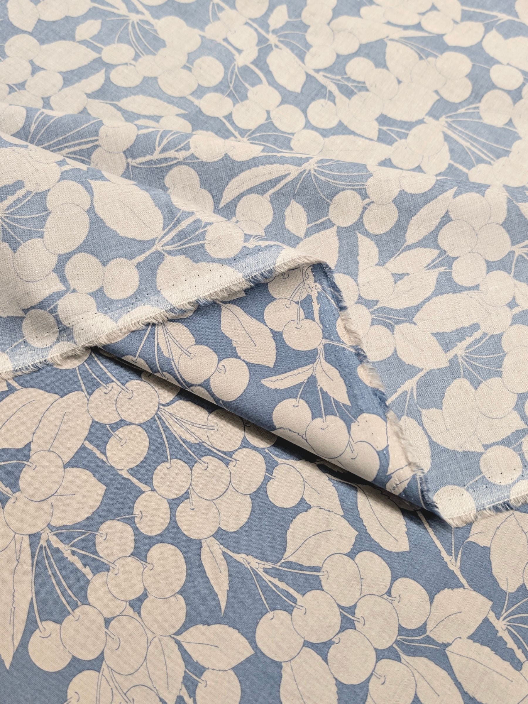 Hokkoh - Two-Tone Cherries Cotton Lawn Fabric - White & Blue