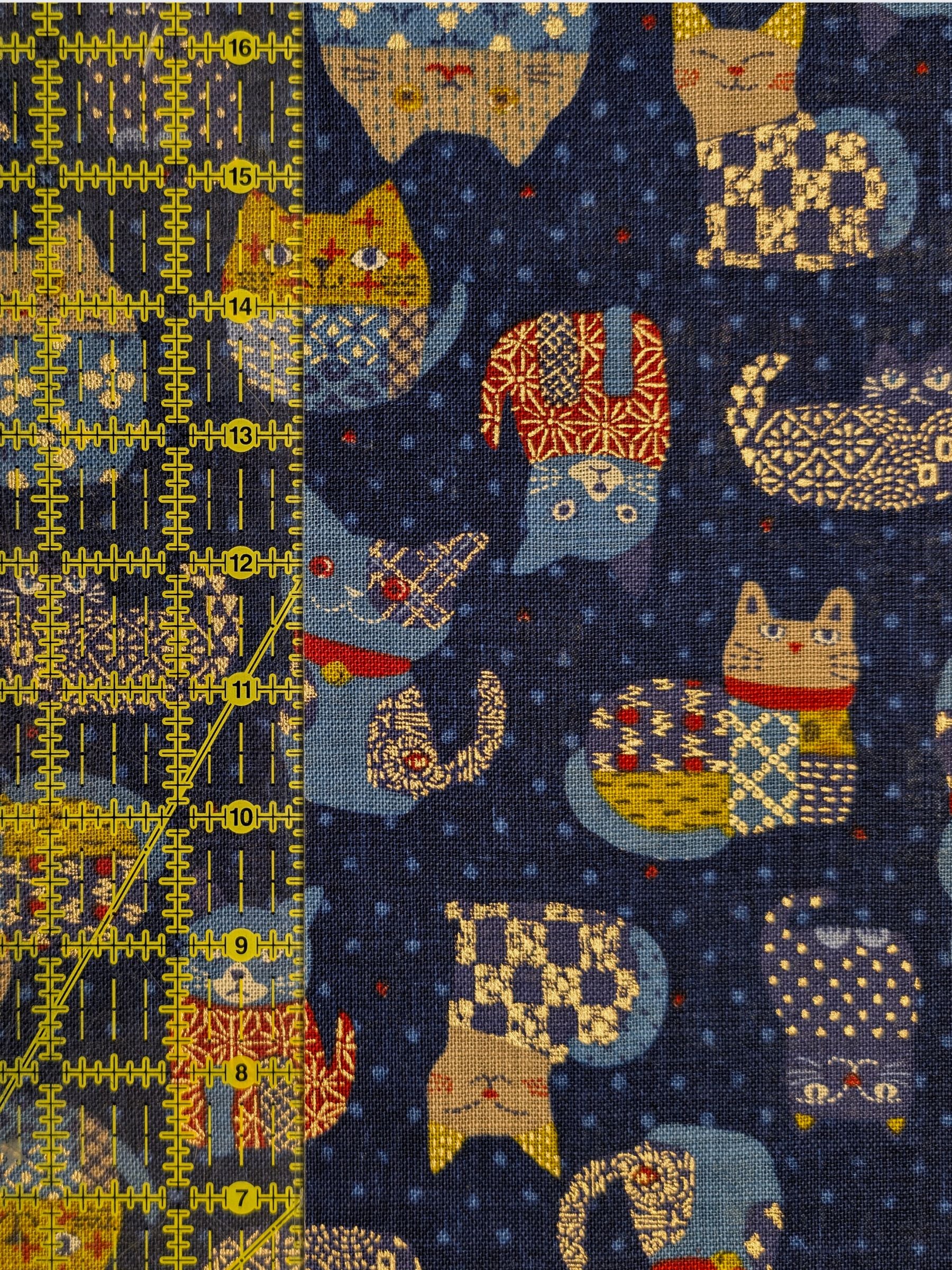 Sevenberry - Patchwork Cats Rustic Weave Cotton Fabric - Blue