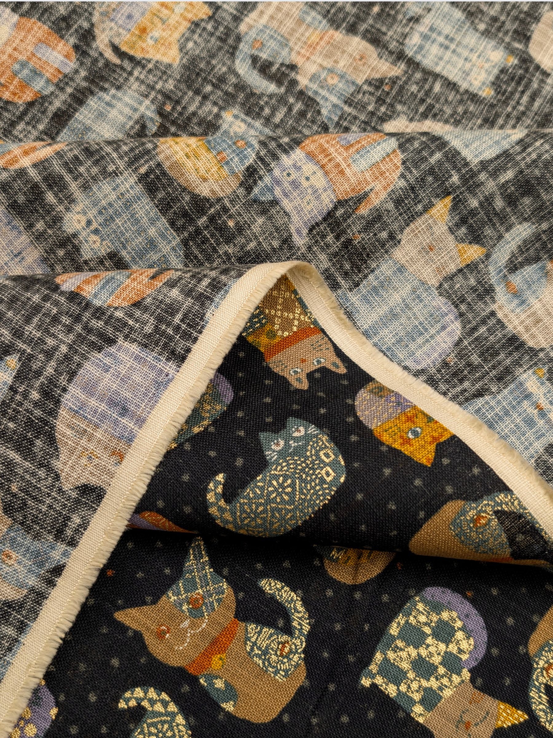 Sevenberry - Patchwork Cats Rustic Weave Cotton Fabric - Black