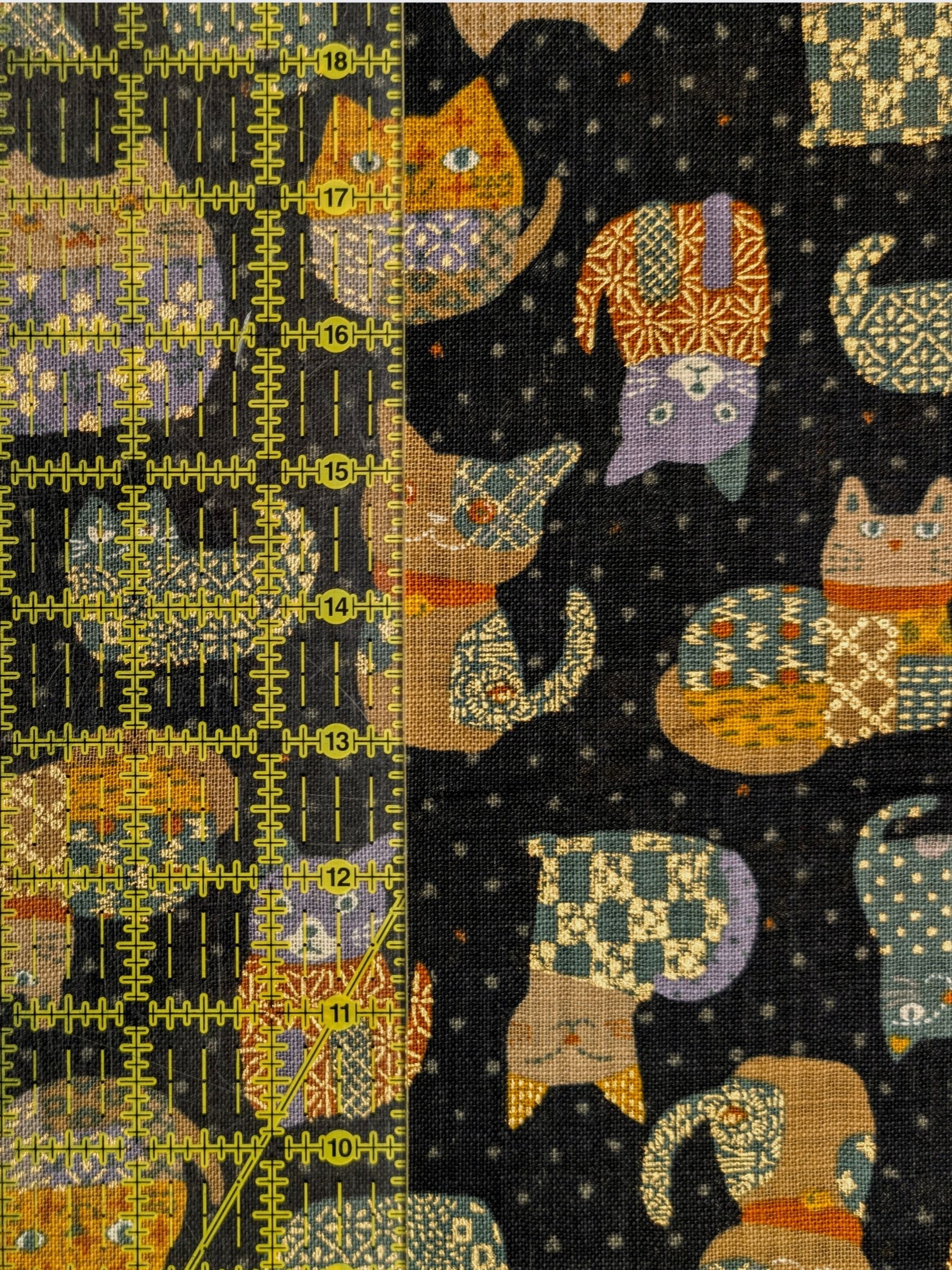 Sevenberry - Patchwork Cats Rustic Weave Cotton Fabric - Black