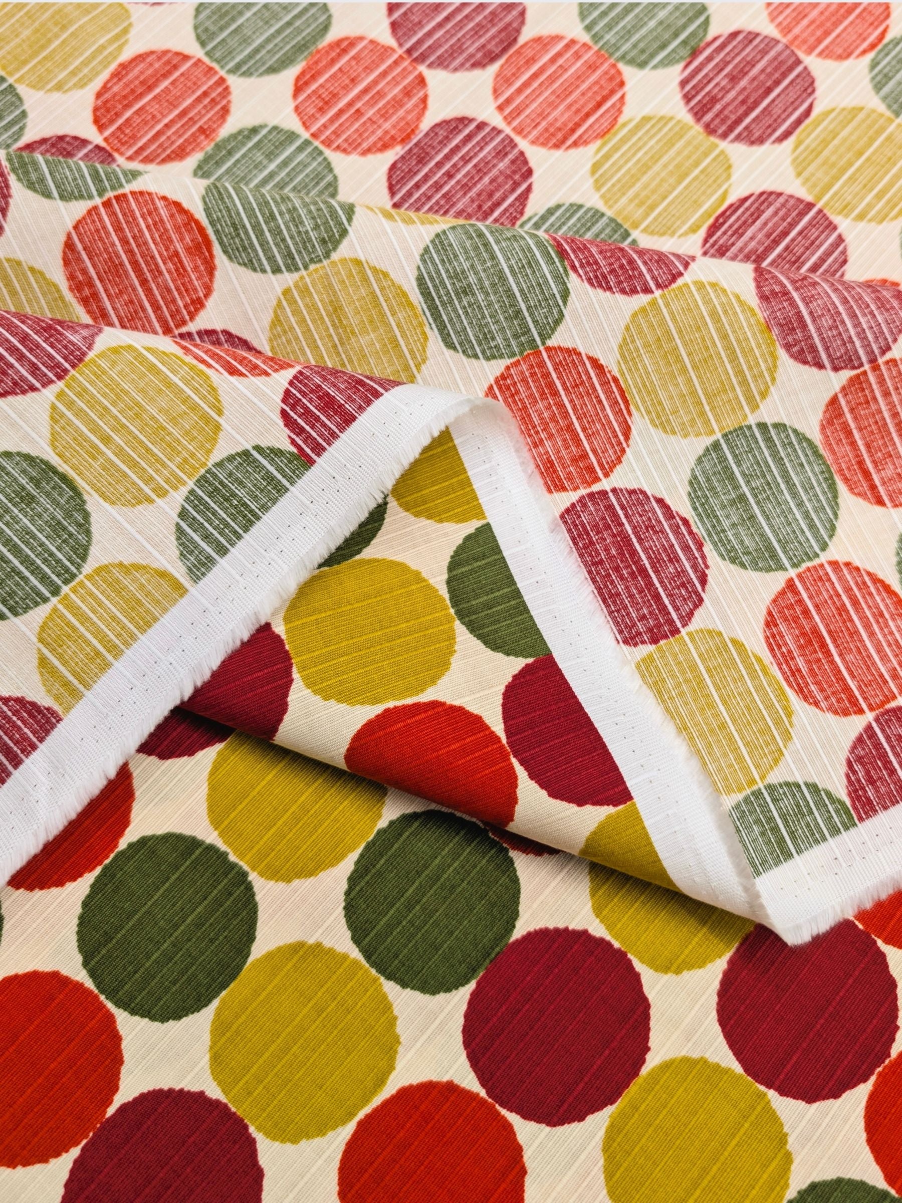 Sevenberry - Circles Cotton Shantung Fabric - Green Red & Yellow