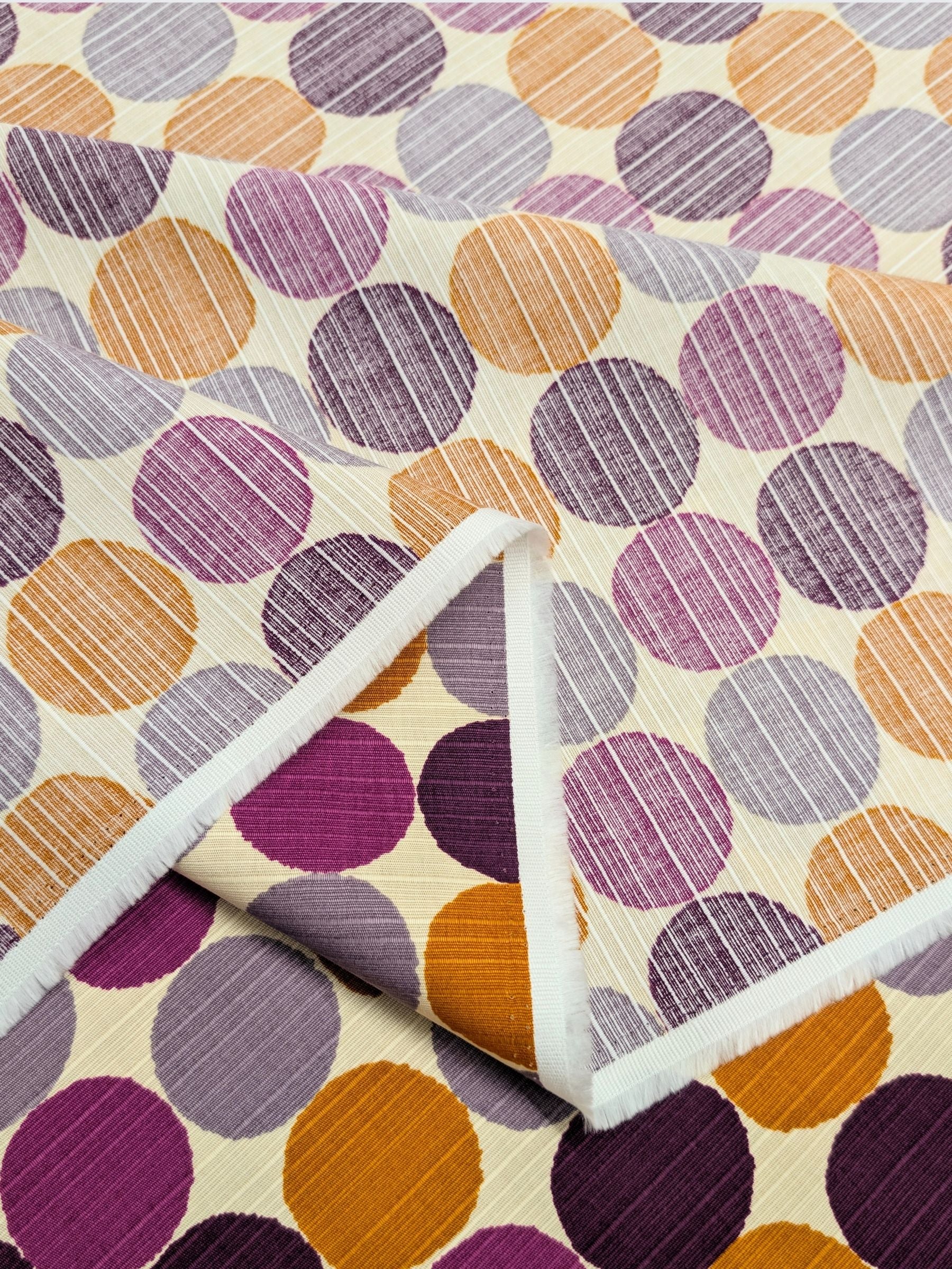 Sevenberry - Circles Cotton Shantung Fabric - Purple & Orange REMNANT