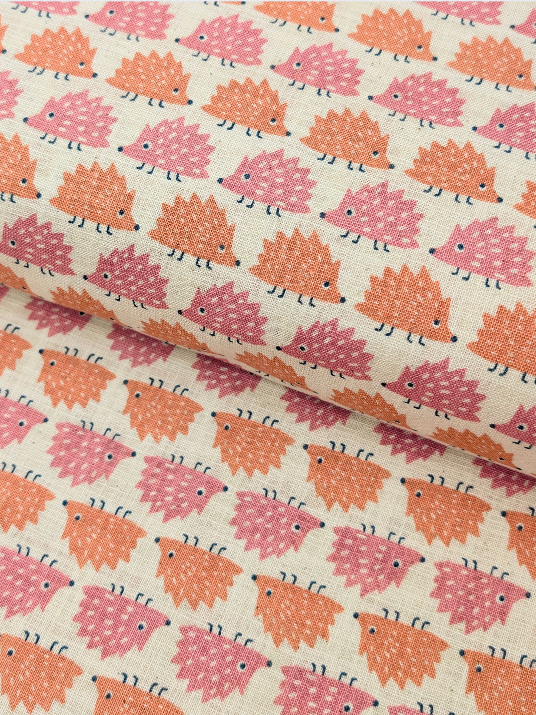 Sevenberry - Trailing Hedgehogs Rustic Weave Cotton Fabric - Pink & Peach