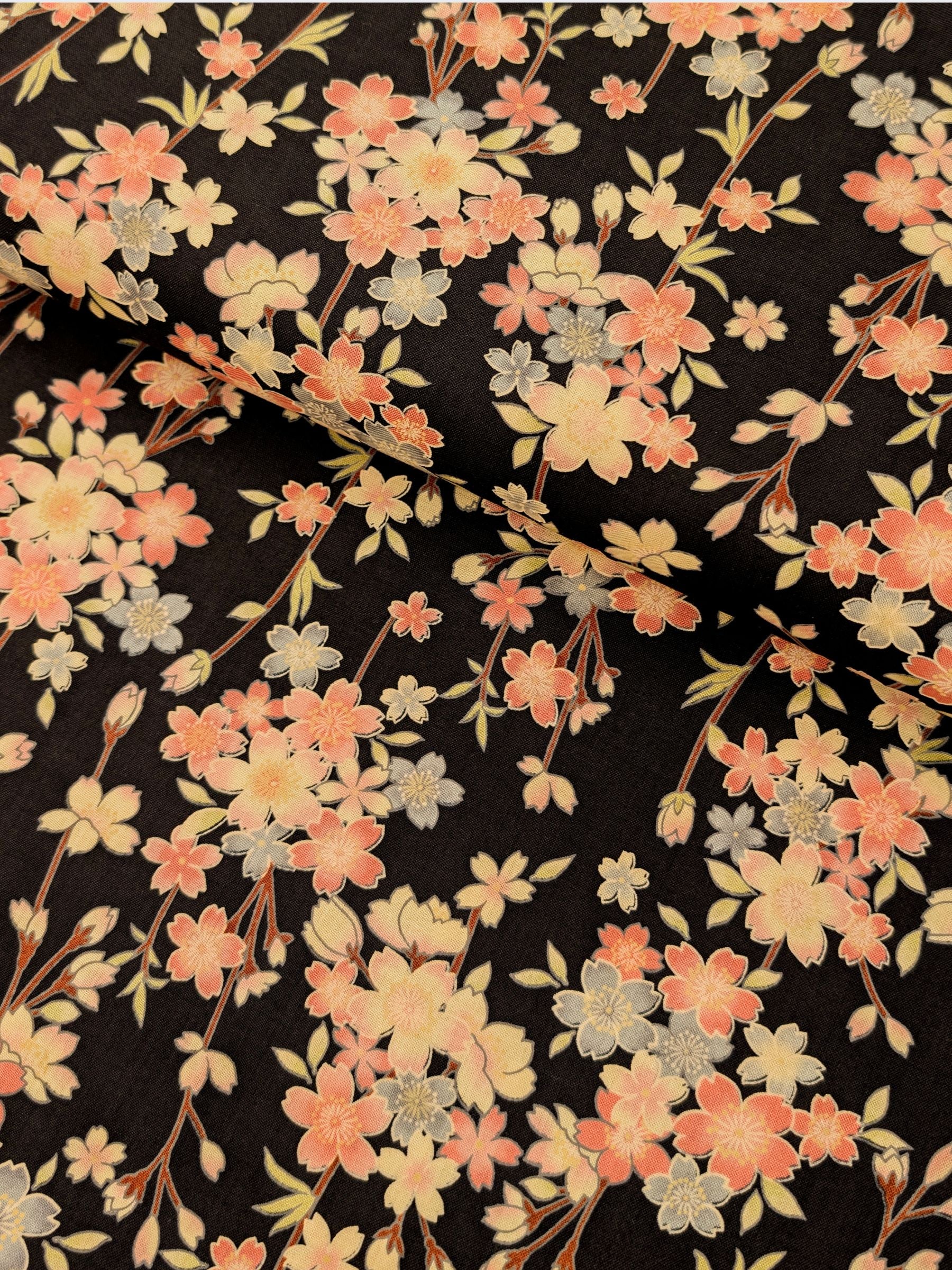 Sevenberry - Sepia Cherry Blossoms Cotton Shirting Fabric - Black