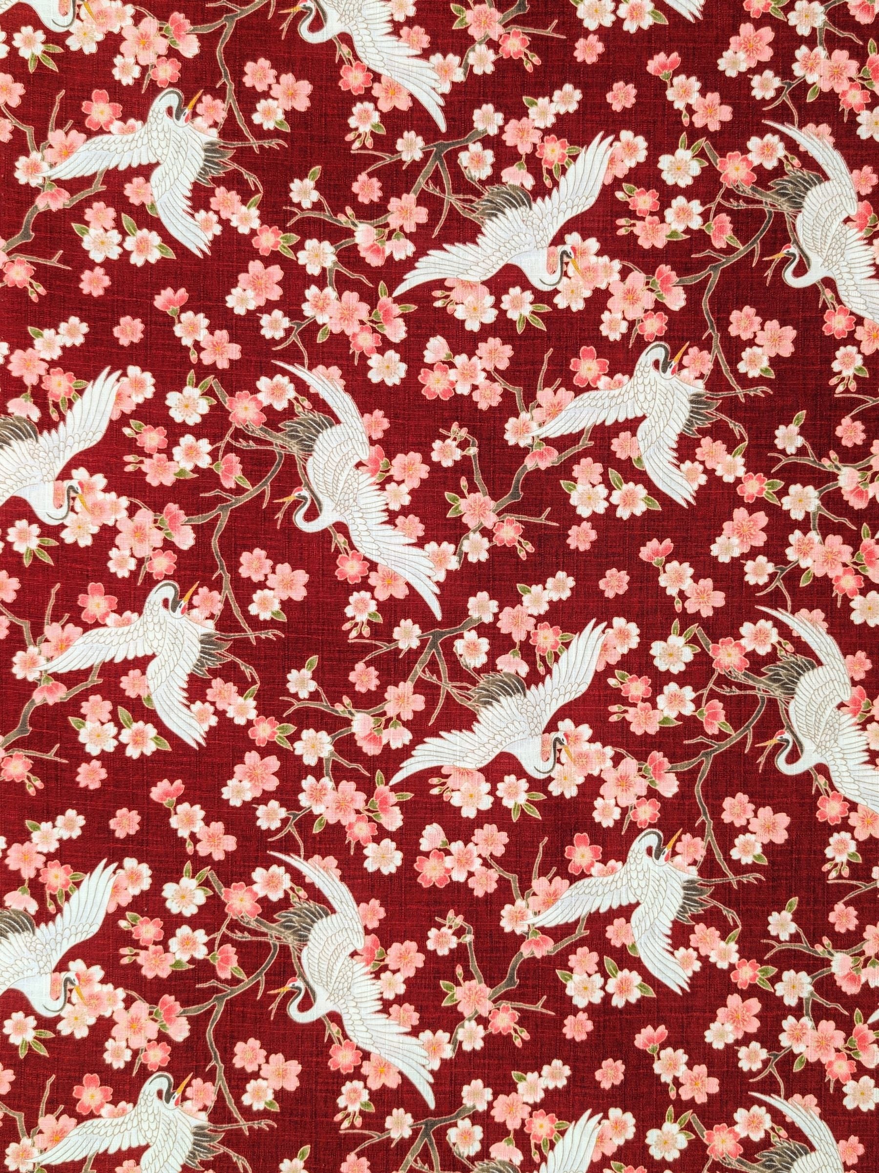 Hishiei - Cranes and Cherry Blossoms Cotton Dobby Fabric - Red