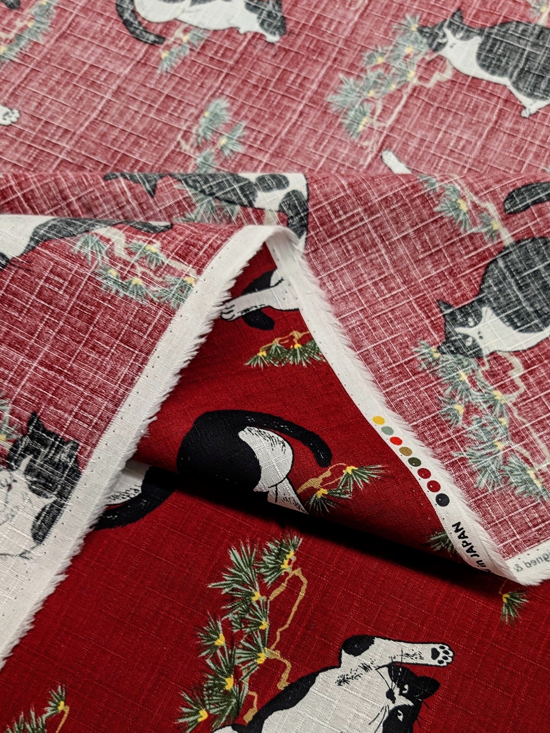 Cosmo - Tuxedo Cats in the Garden Cotton Dobby - Burgundy