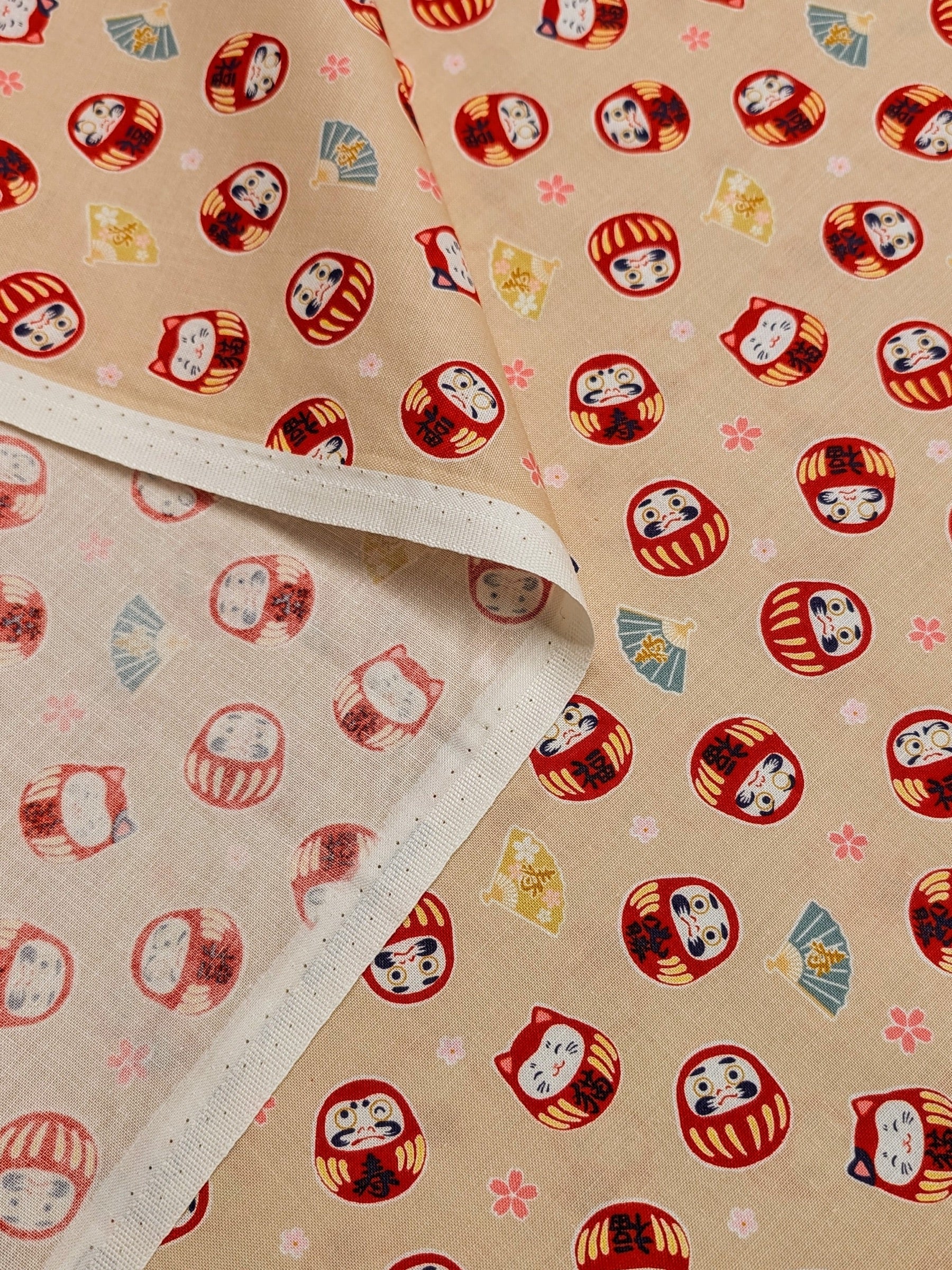 Cosmo - Sakura and Daruma Cotton Sheeting Fabric - Beige