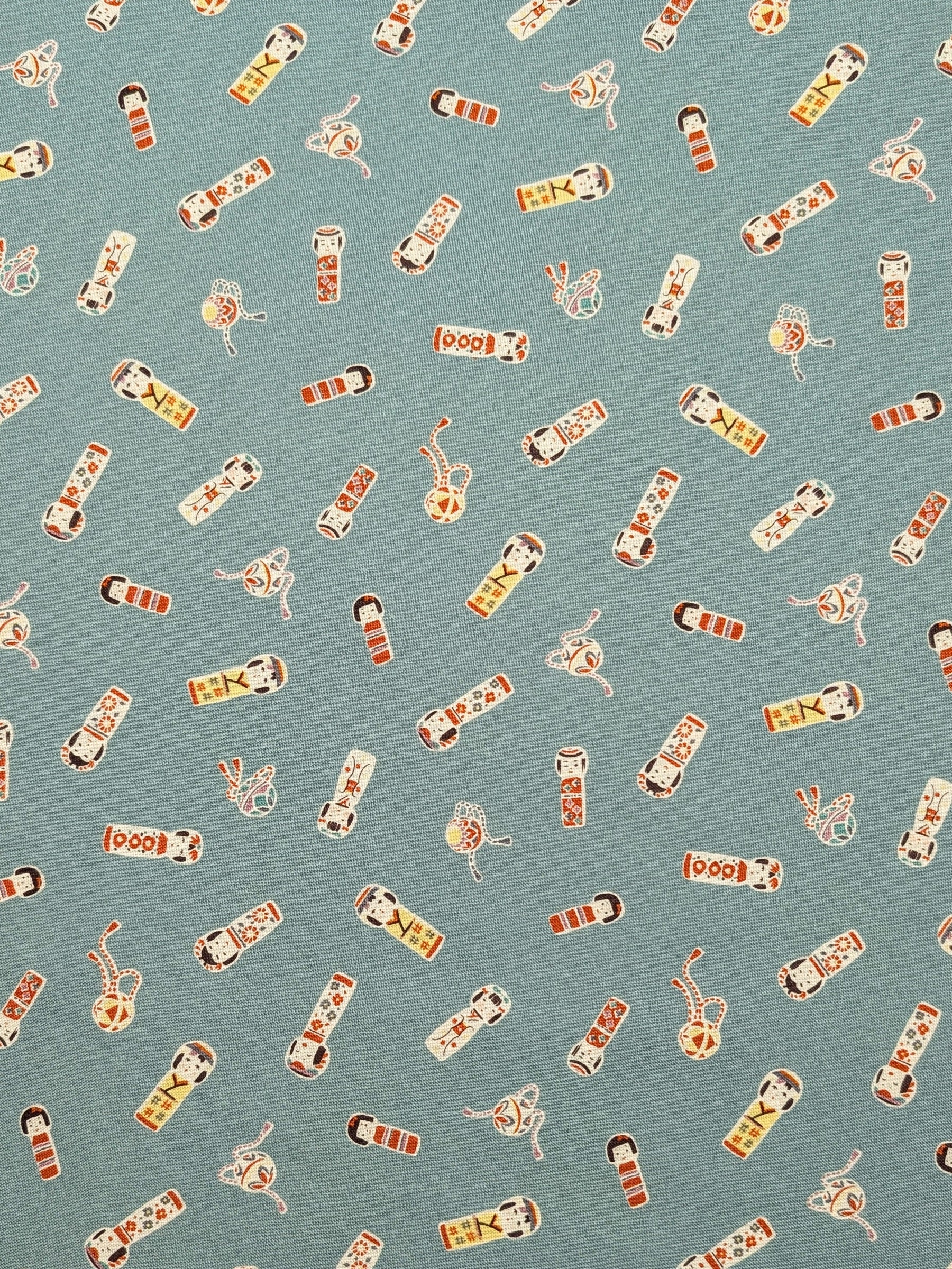 Cosmo - Kokeshi Doll Cotton Sheeting Fabric - Teal
