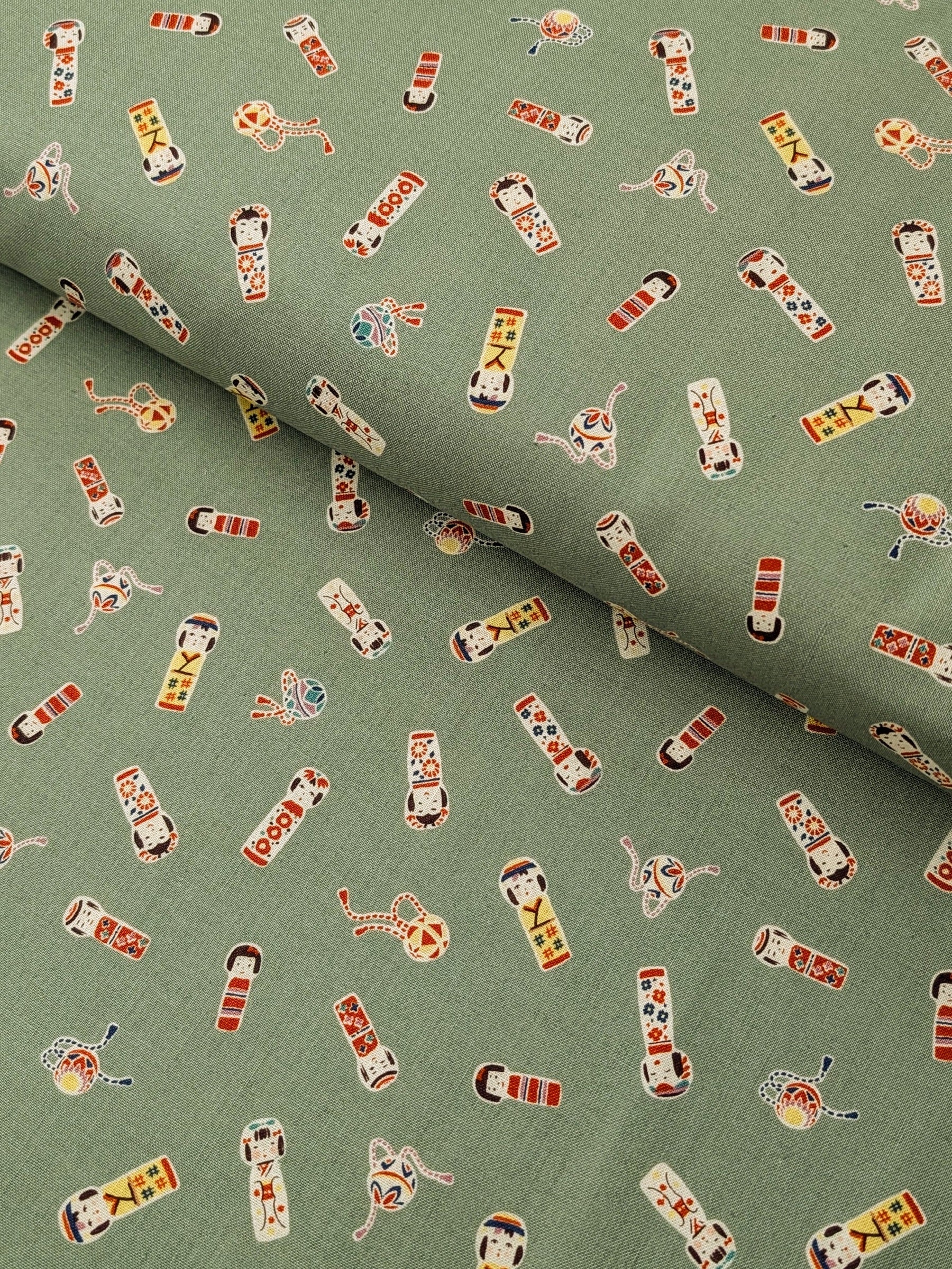 Cosmo - Kokeshi Doll Cotton Sheeting - Green