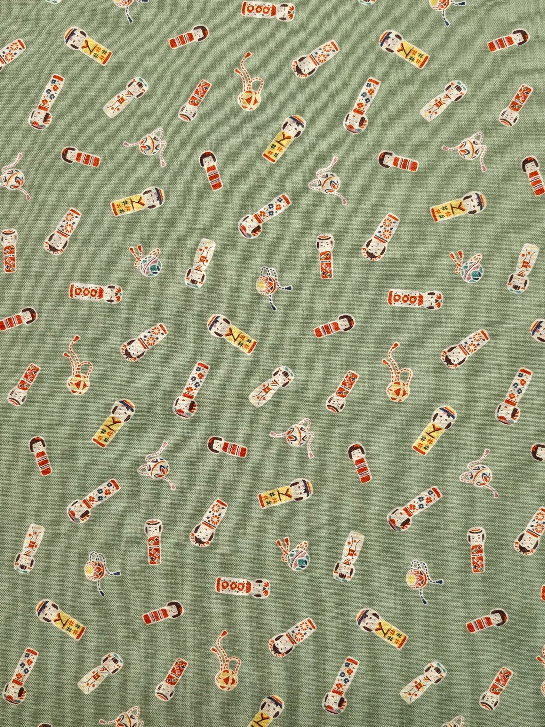 Cosmo - Kokeshi Doll Cotton Sheeting - Green