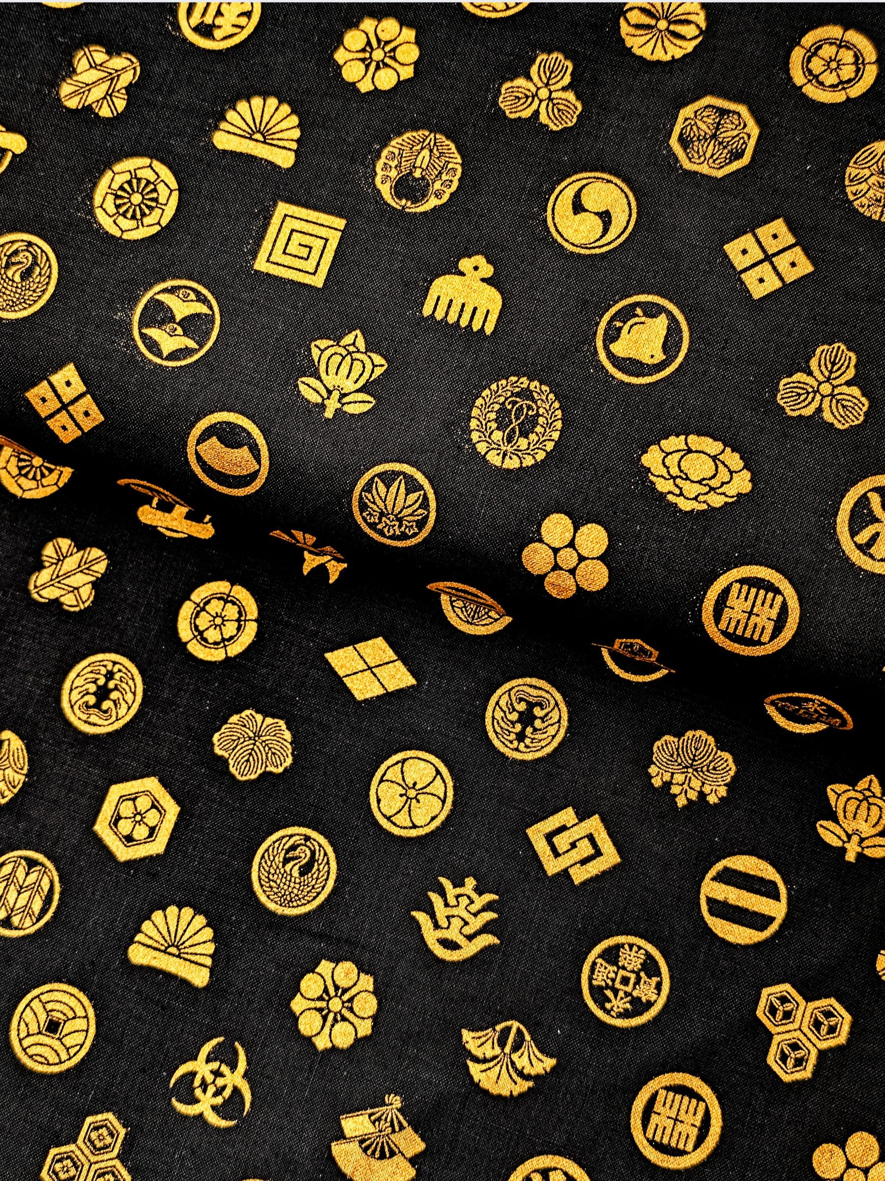Cosmo - Golden Japanese Crests Cotton Sheeting Fabric - Black & Gold