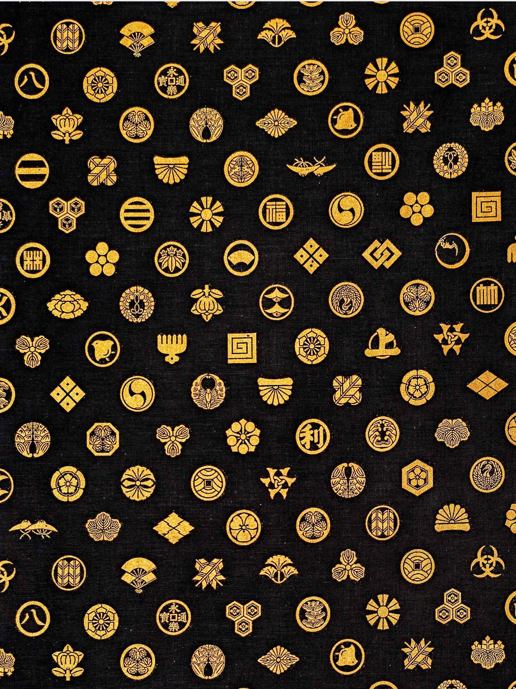 Cosmo - Golden Japanese Crests Cotton Sheeting Fabric - Black & Gold