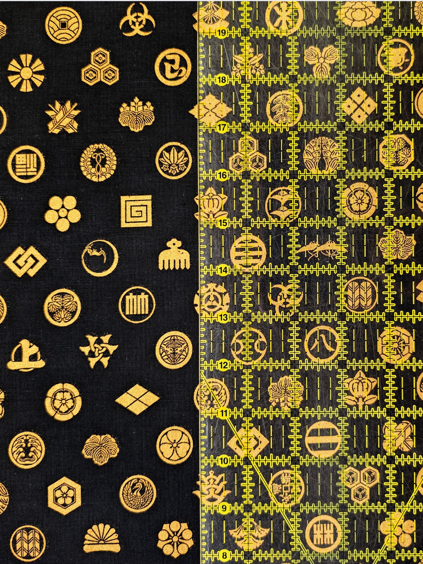 Cosmo - Golden Japanese Crests Cotton Sheeting Fabric - Black & Gold