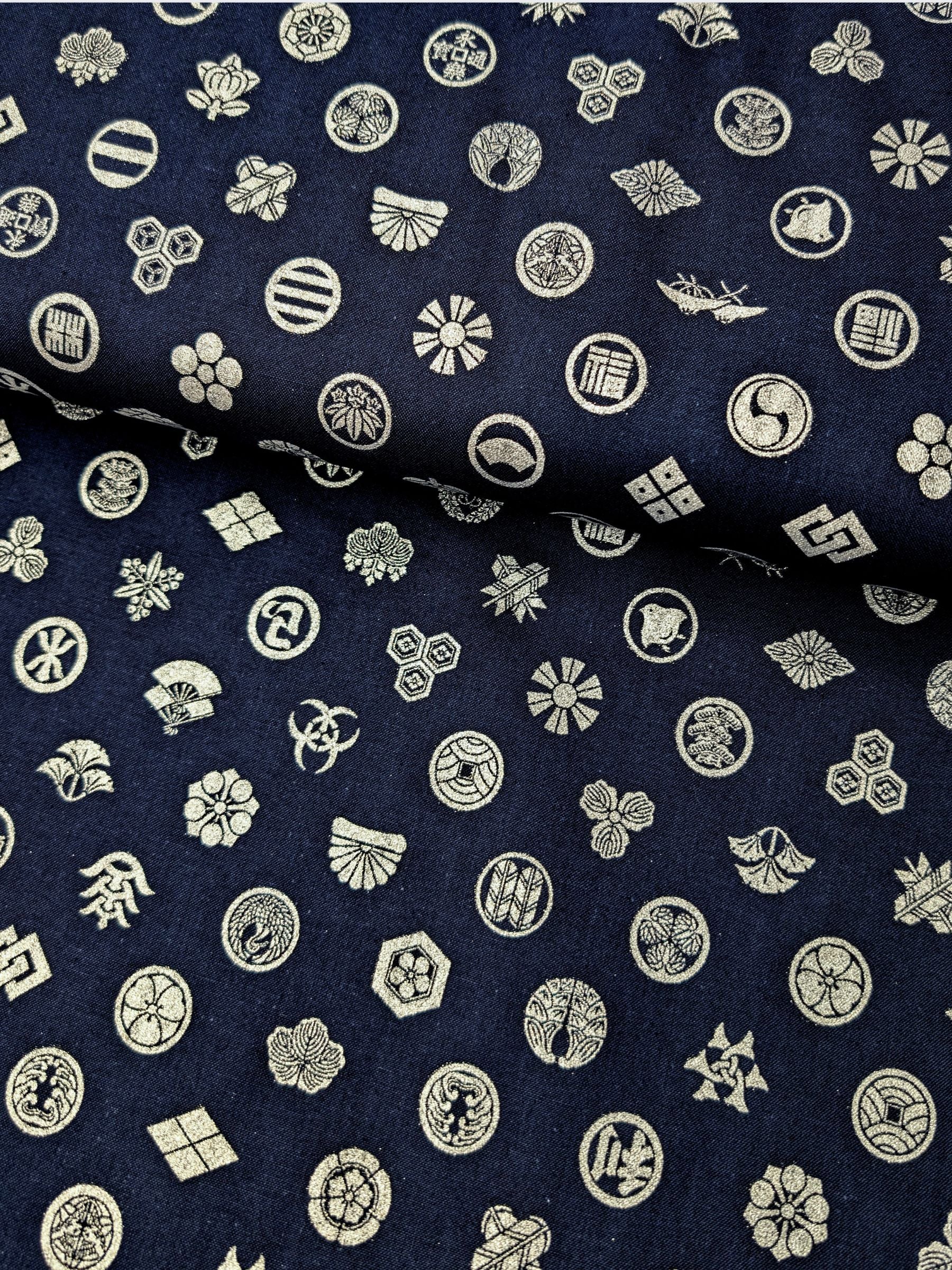 Cosmo - Silver Japanese Crests Cotton Sheeting Fabric - Blue & Silver