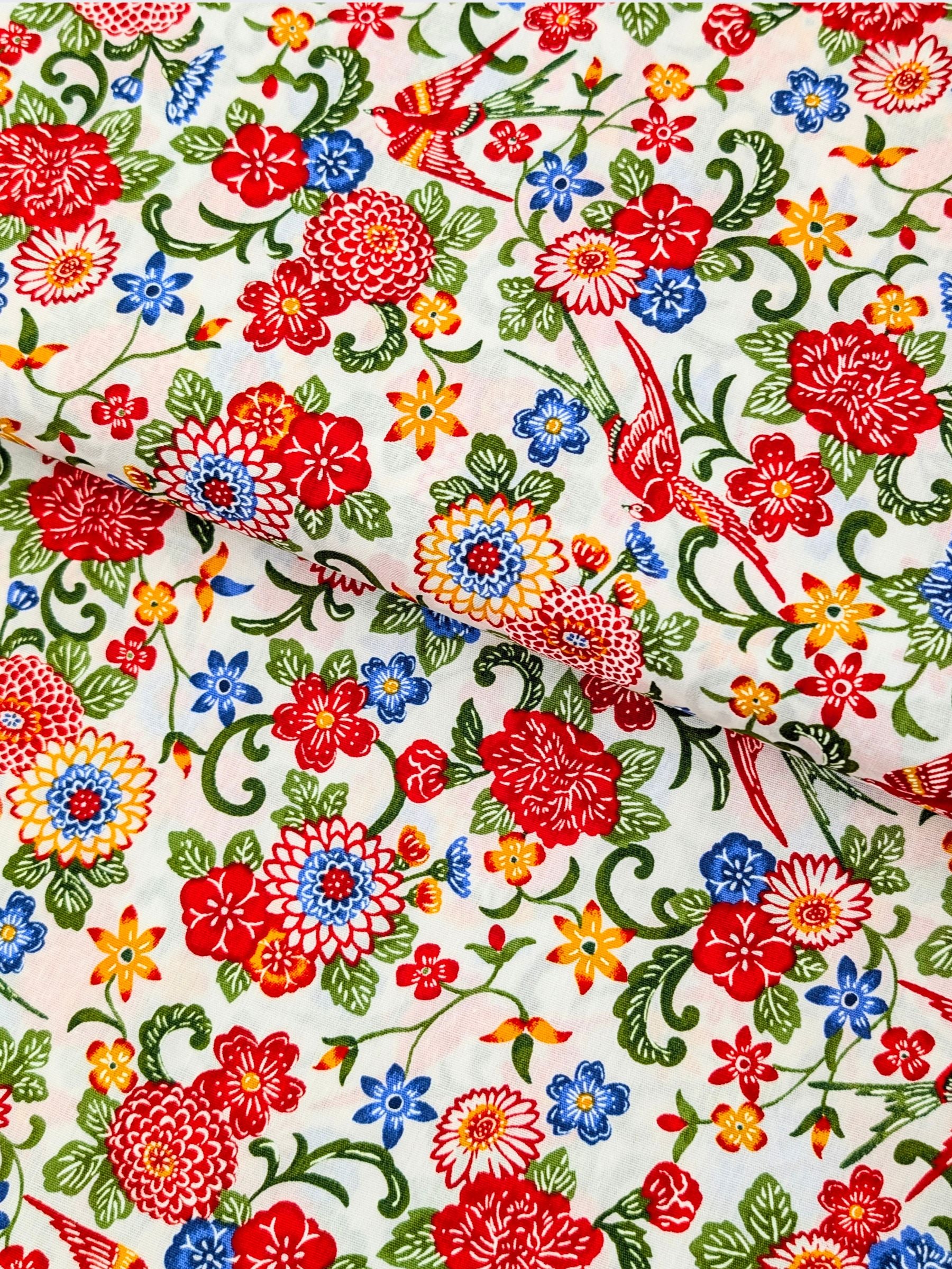 Cosmo - Parrots & Tropical Flowers Cotton Broadcloth Fabric - White