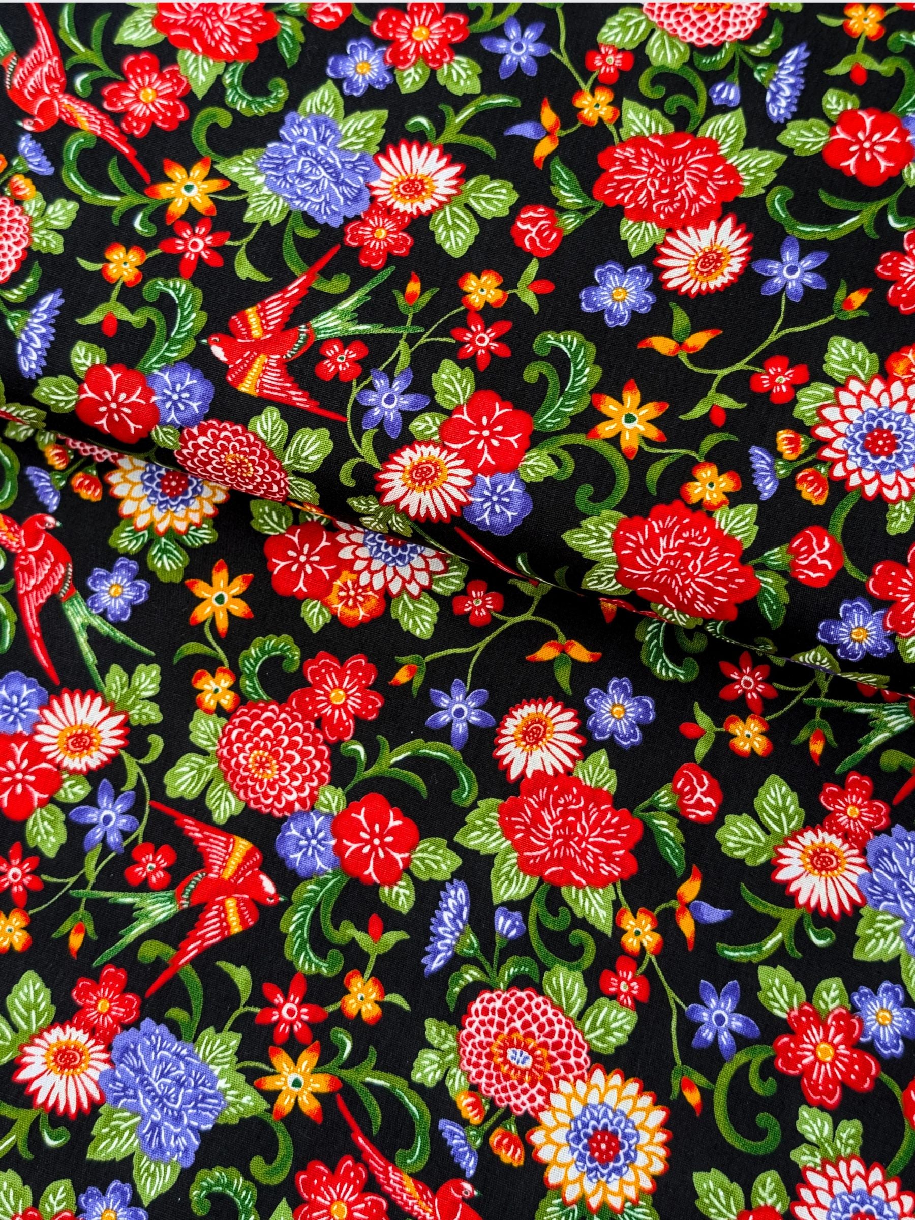 Cosmo - Parrots & Tropical Flowers Cotton Broadcloth Fabric - Black
