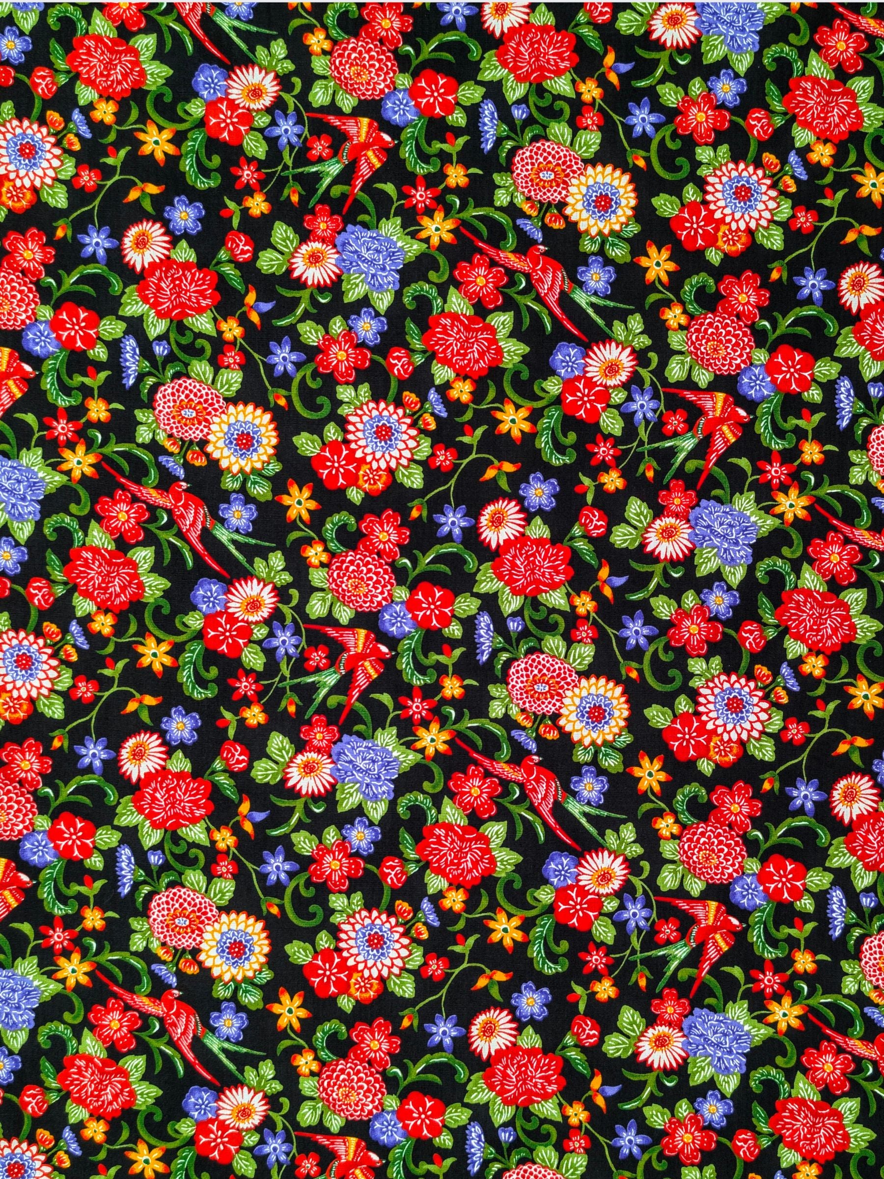 Cosmo - Parrots & Tropical Flowers Cotton Broadcloth Fabric - Black