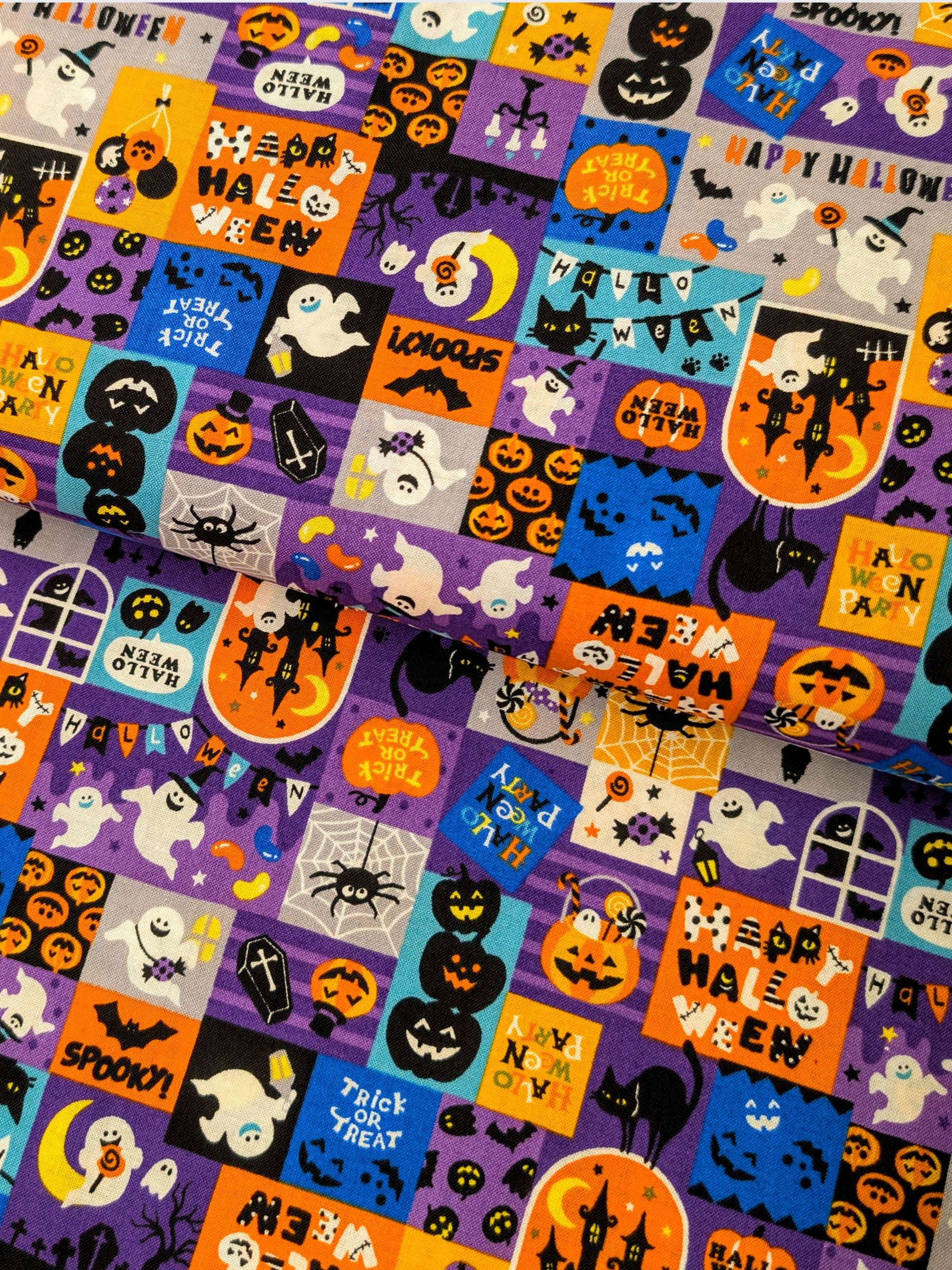 Cosmo - Cute Haloween Patchwork Cotton Shirting Fabric - Purple, Blue & Orange