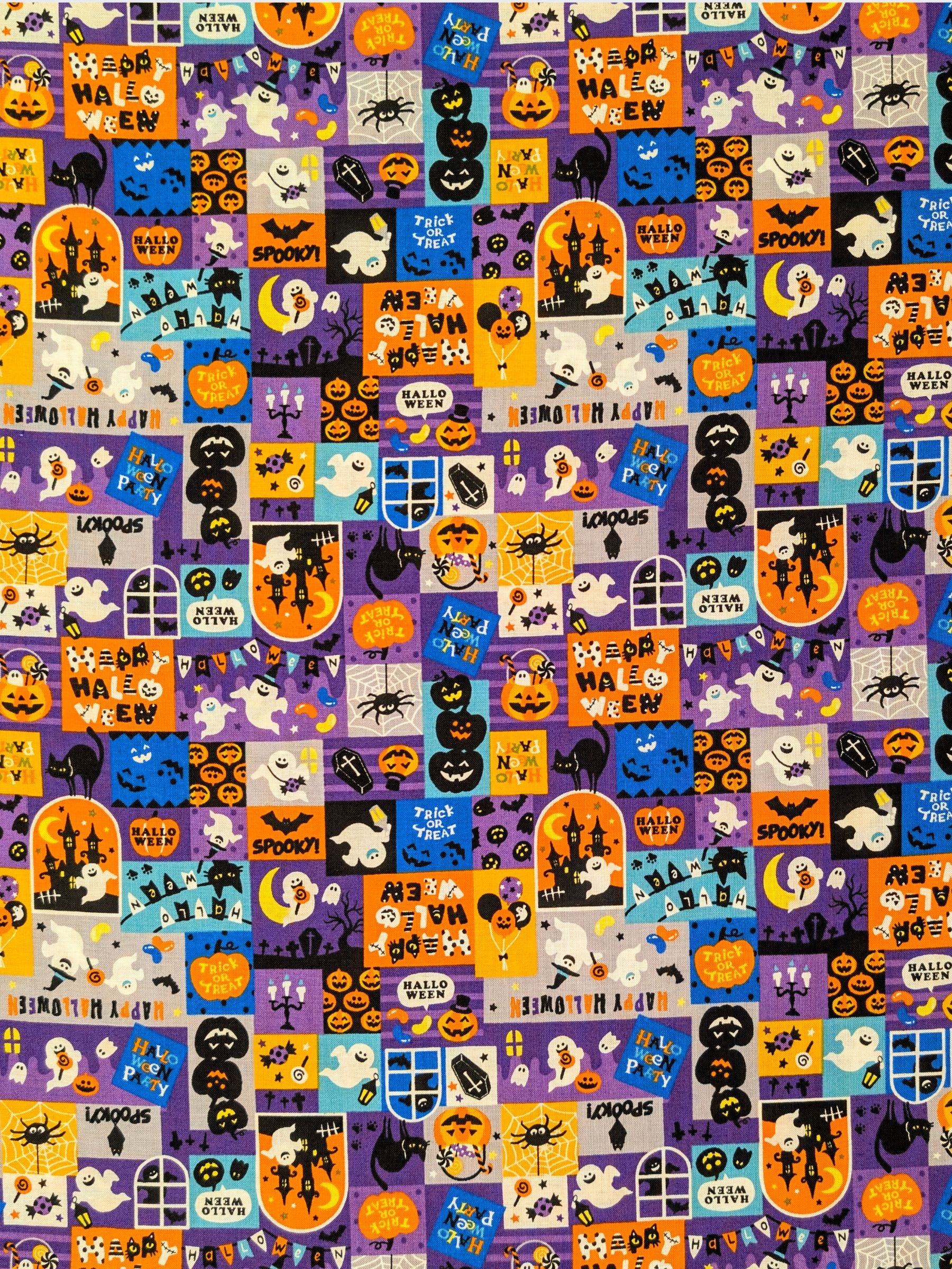 Cosmo - Cute Haloween Patchwork Cotton Shirting Fabric - Purple, Blue & Orange