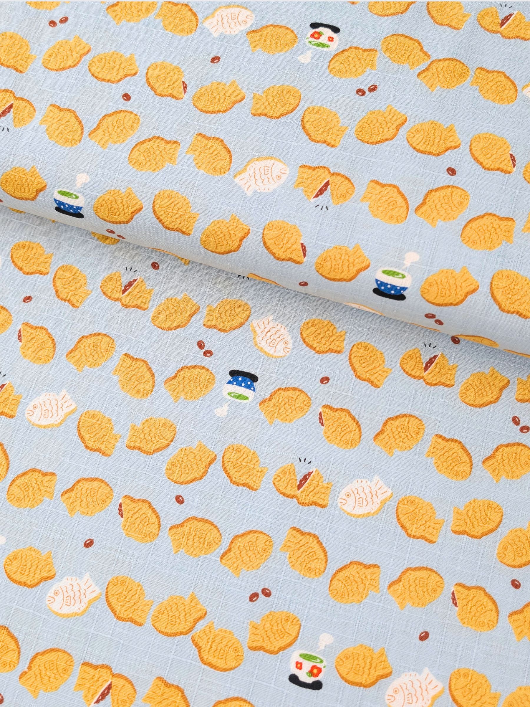 Cosmo - Taiyaki Tea Time Cotton Dobby Fabric - Light Blue