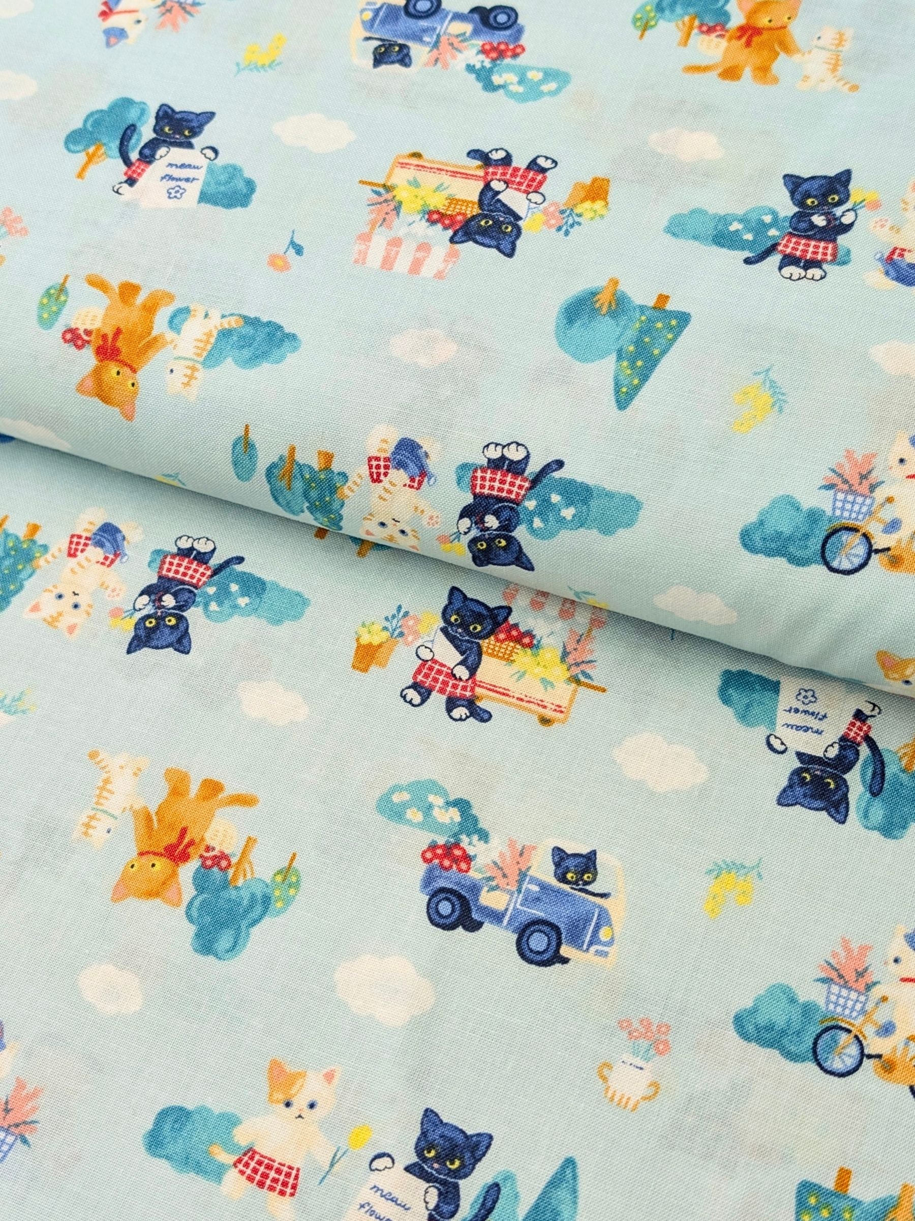 Cosmo - Country Cats Cotton Sheeting Fabric - Blue