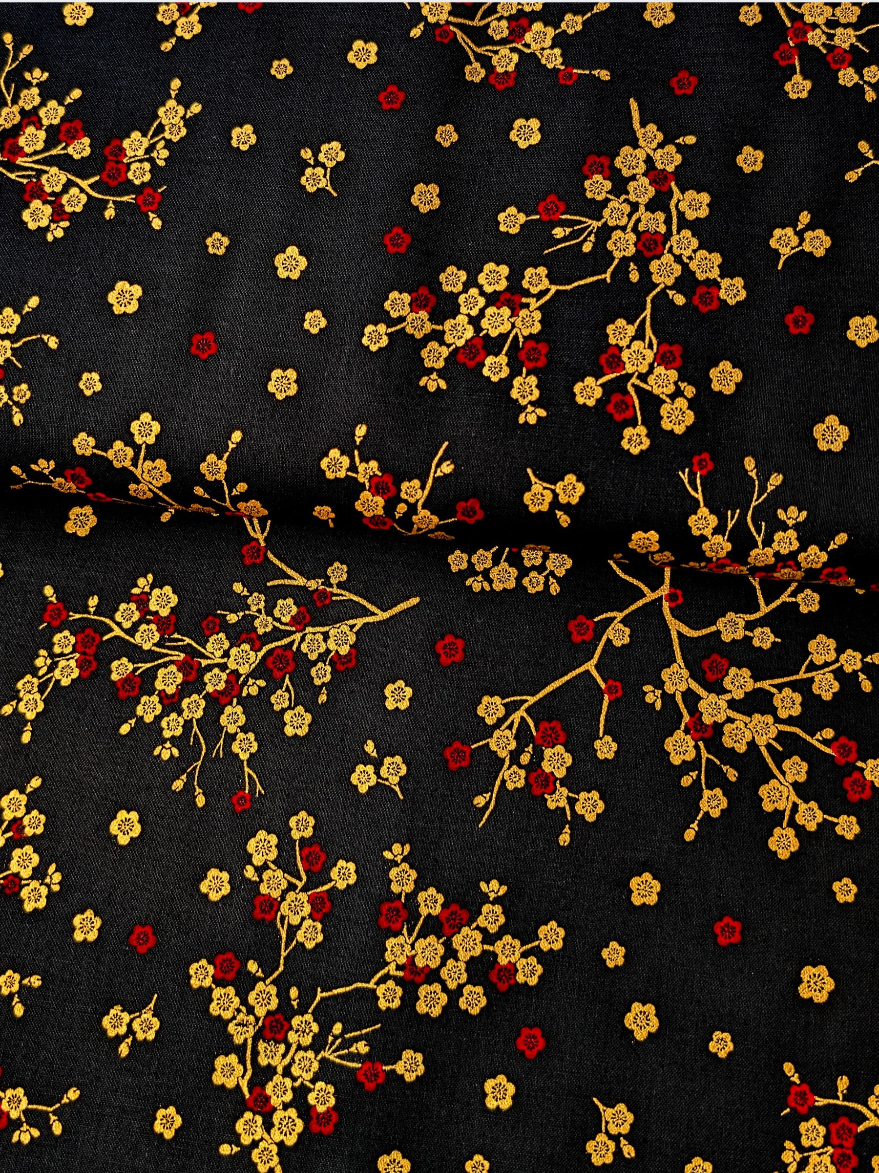 Cosmo - Golden Plum Blossoms Cotton Sheeting Fabric - Black