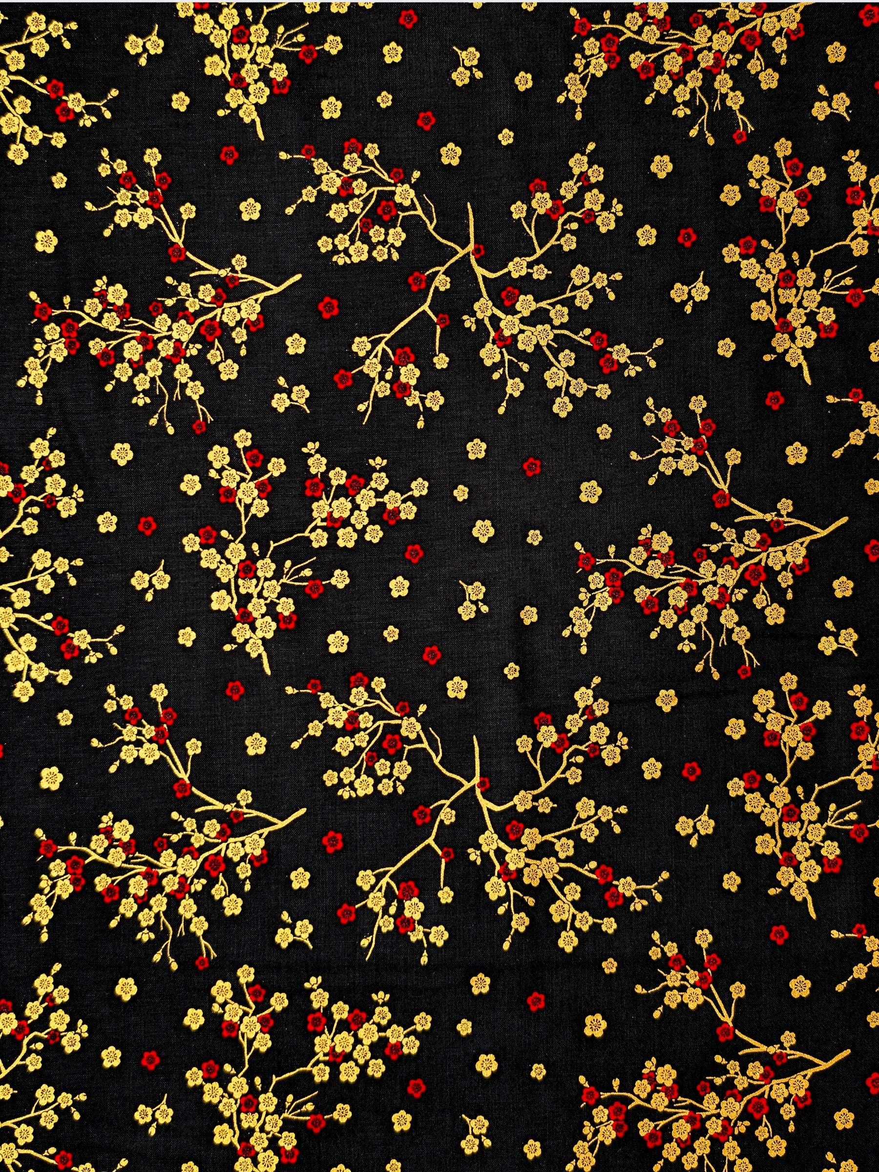 Cosmo - Golden Plum Blossoms Cotton Sheeting Fabric - Black