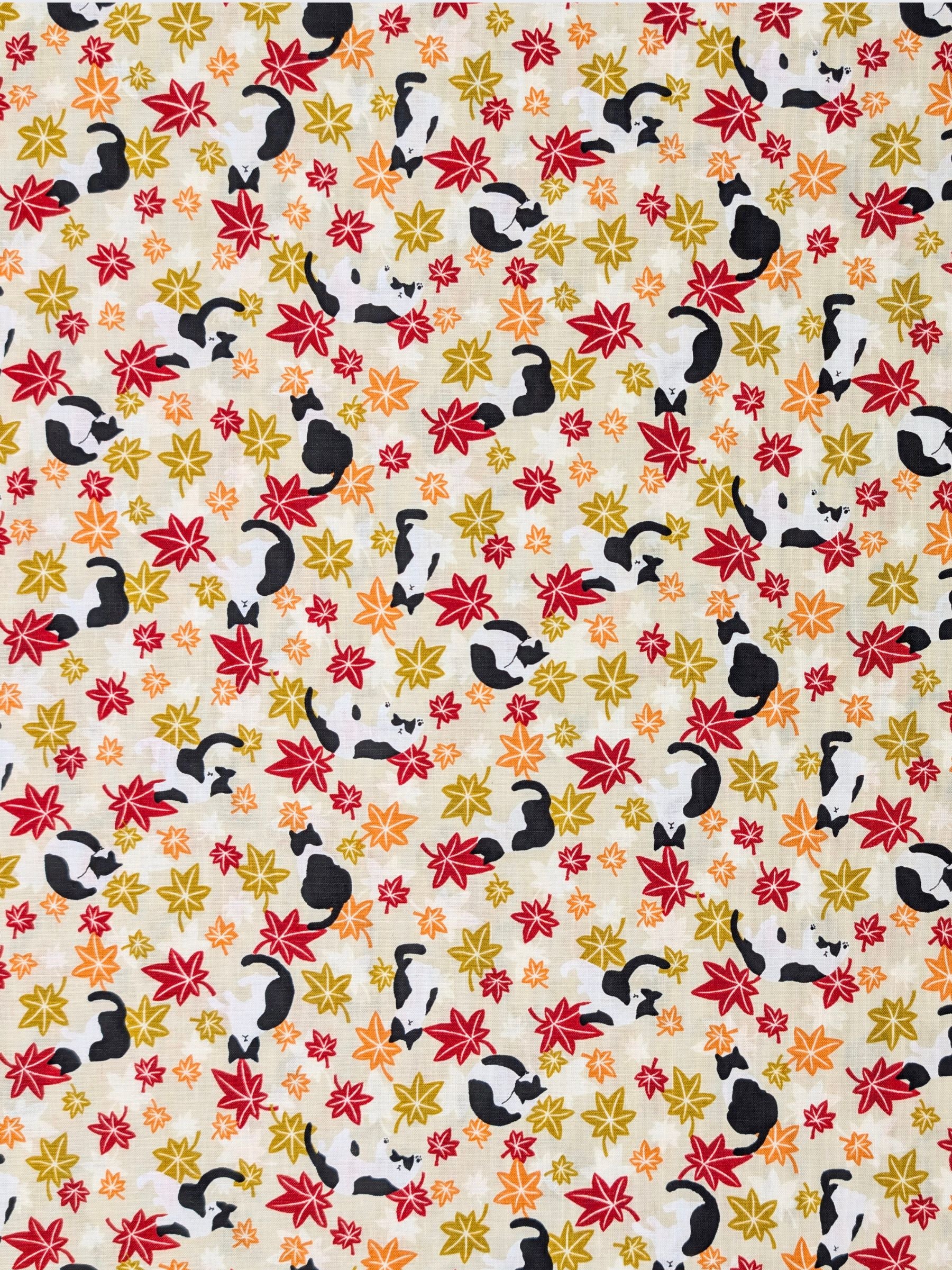 Cosmo - Maple Leaves & Cats Cotton Sheeting Fabric - Beige