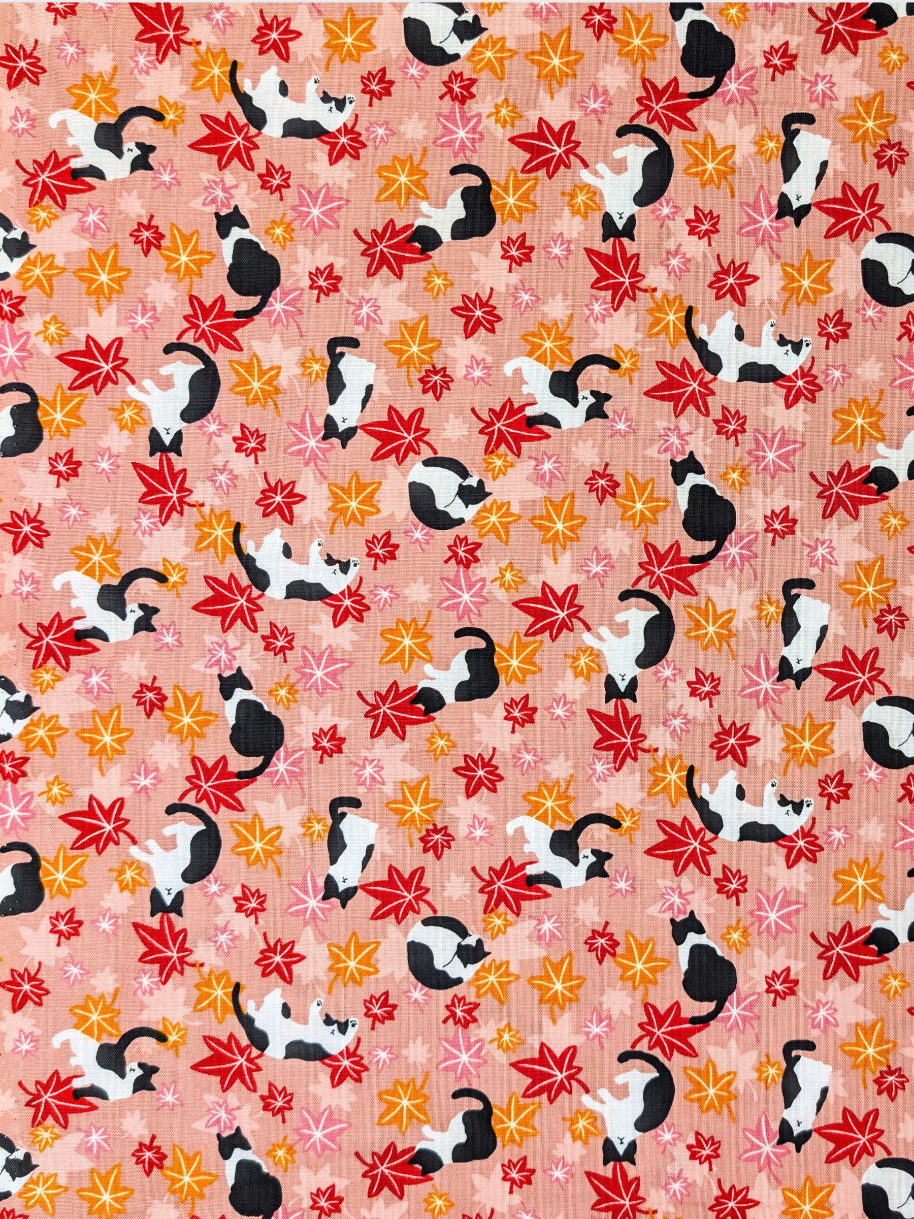 Cosmo - Maple Leaves & Cats Cotton Sheeting Fabric - Pink